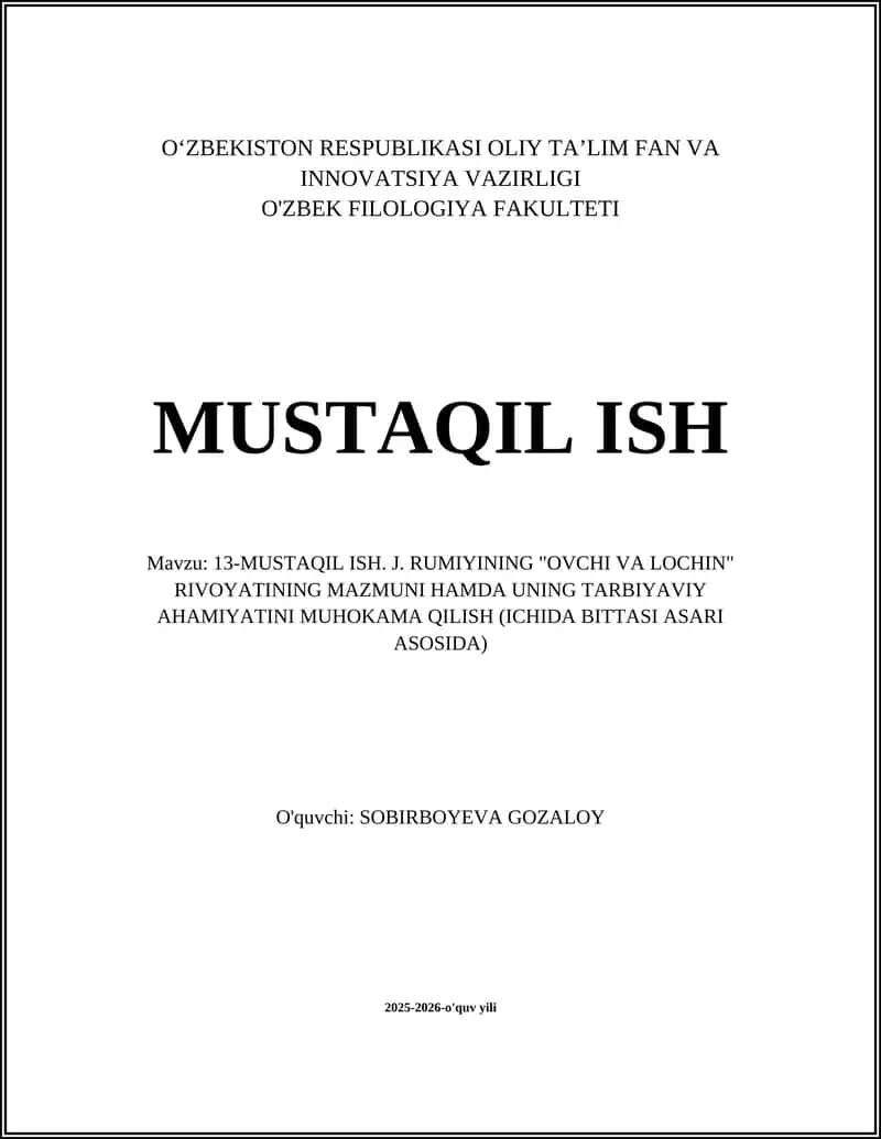 Rumiyning "Ovchi va lochin" rivoyati 1