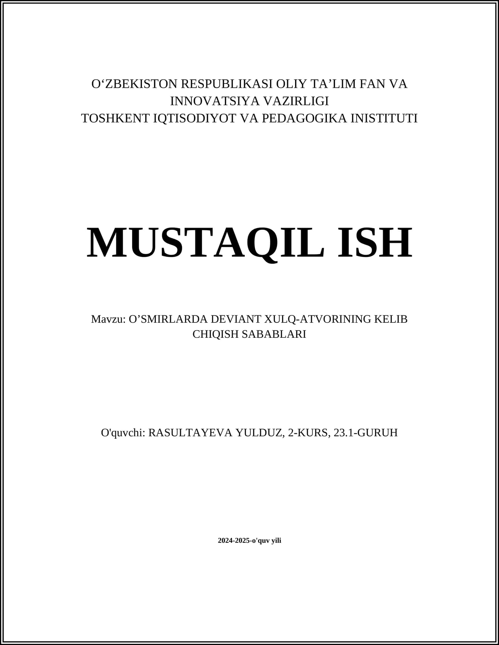O’SMIRLARDA DEVIANT XULQ-ATVORINING KELIB CHIQISH SABABLARI 1