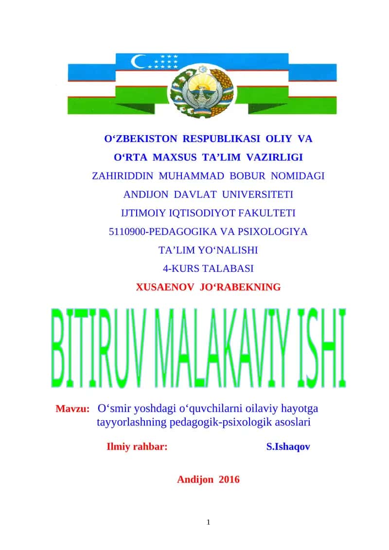 O‘smir yoshdagi o‘quvchilarni oilaviy hayotga tayyorlashning pedagogik-psixologik asoslari 1