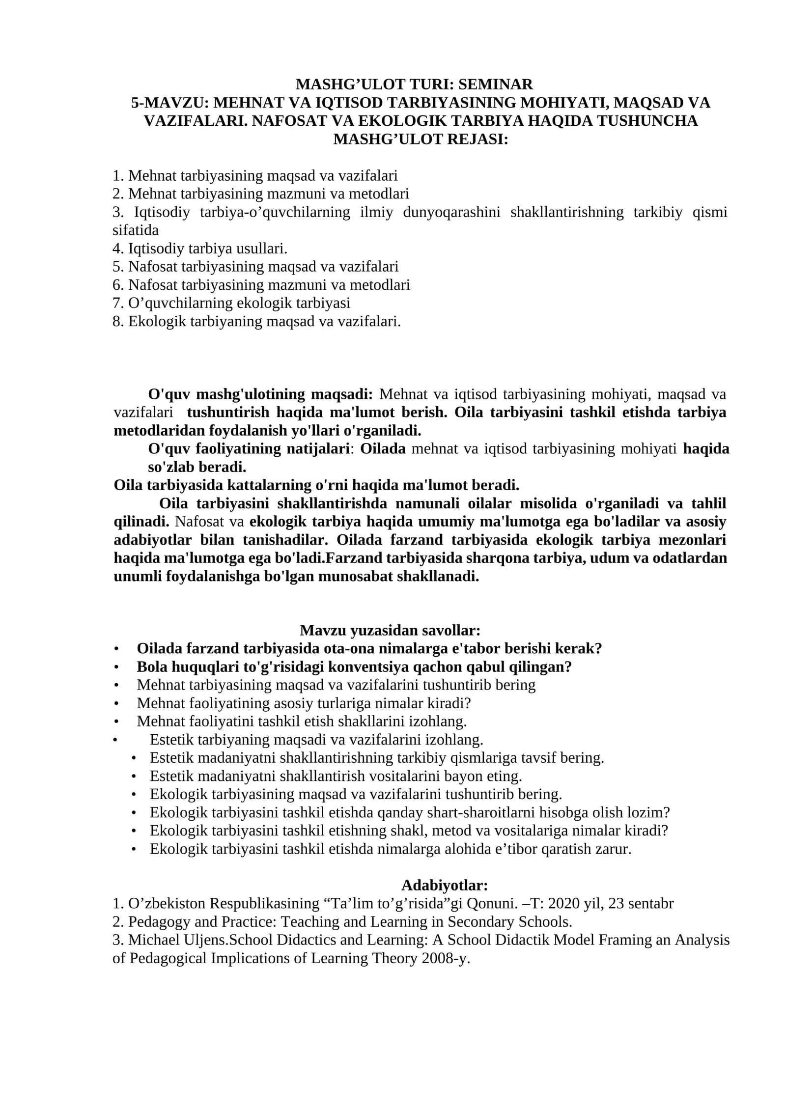 MEHNAT VA IQTISOD TARBIYASINING MOHIYATI, MAQSAD VA VAZIFALARI. NAFOSAT VA EKOLOGIK TARBIYA HAQIDA TUSHUNCHA 1