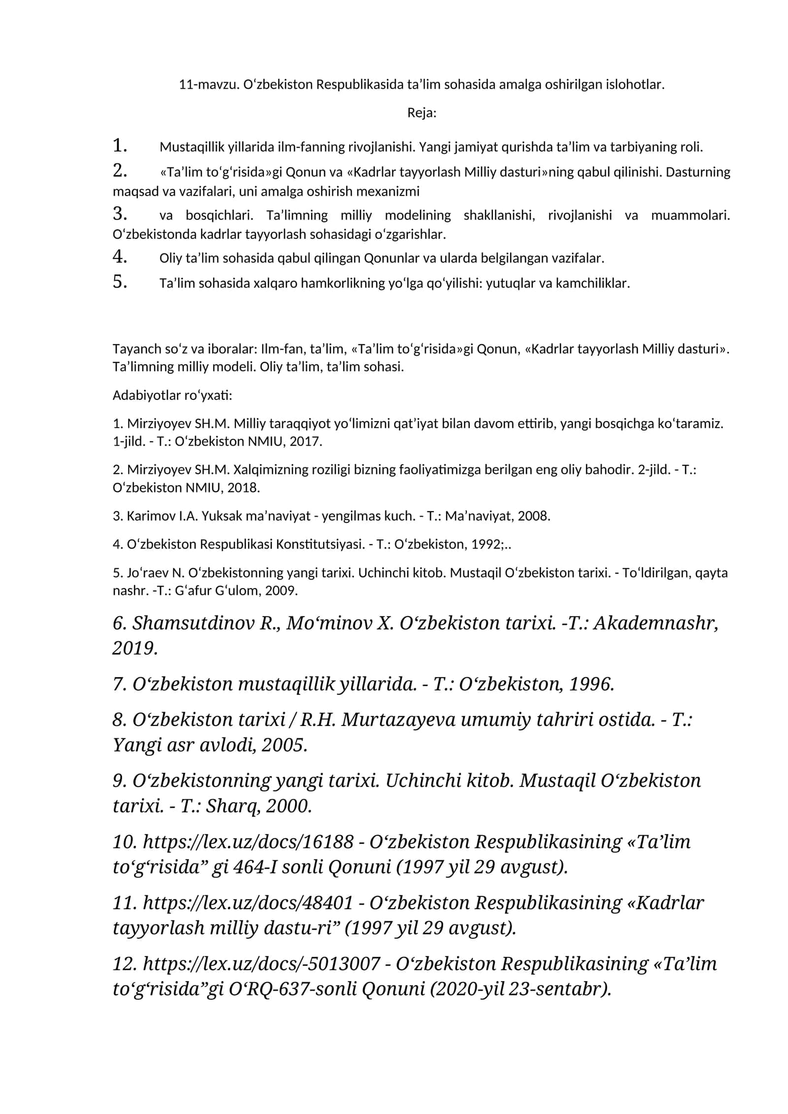 O‘zbekiston Respublikasida taʼlim sohasida amalga oshirilgan islohotlar 1