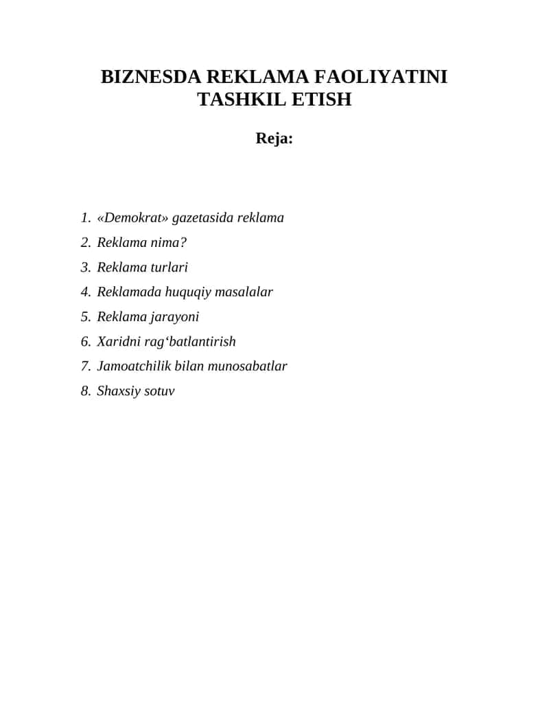 "BIZNESDA REKLAMA FAOLIYATINI TASHKIL ETISH" 1