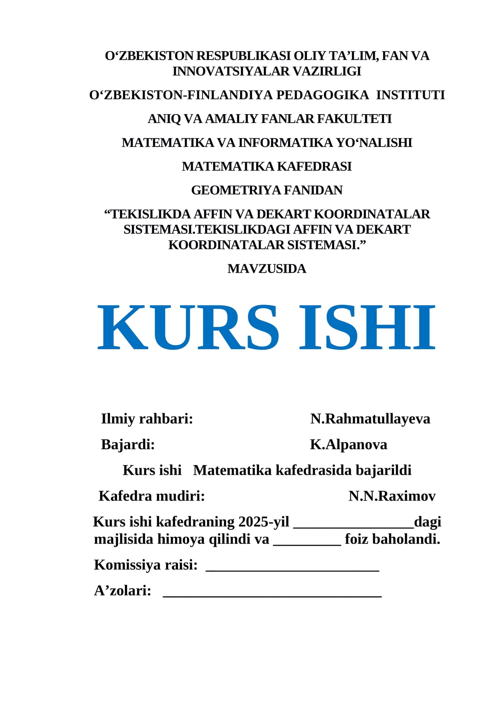 TEKISLIKDA AFFIN VA DEKART KOORDINATALAR SISTEMASI.TEKISLIKDAGI AFFIN VA DEKART KOORDINATALAR SISTEMASI 1