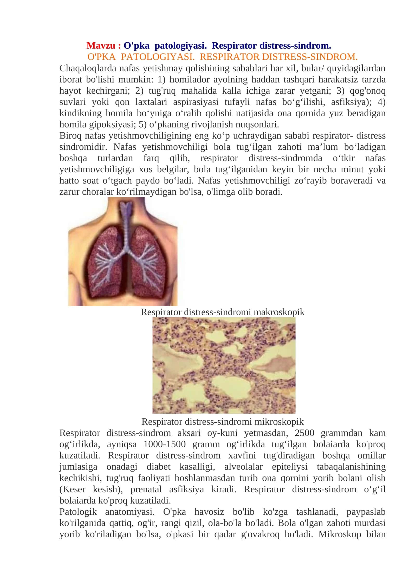 O'pka patologiyasi. Respirator distress-sindrom 1
