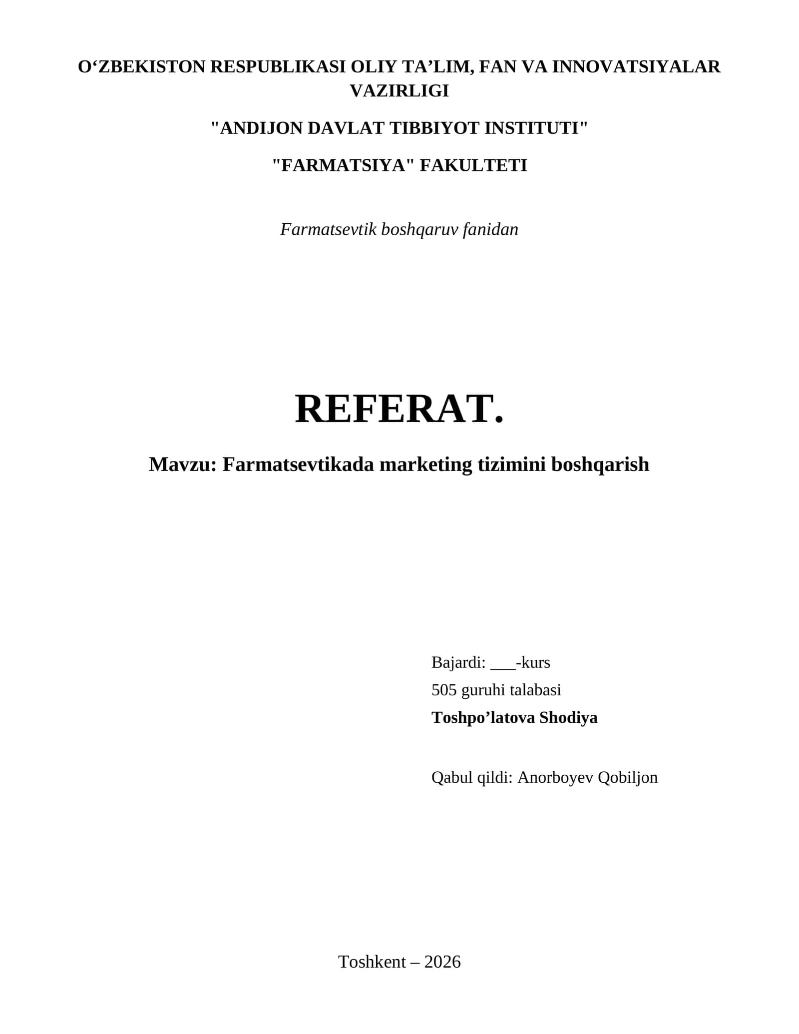 Farmatsevtikada marketing tizimini boshqarish 1