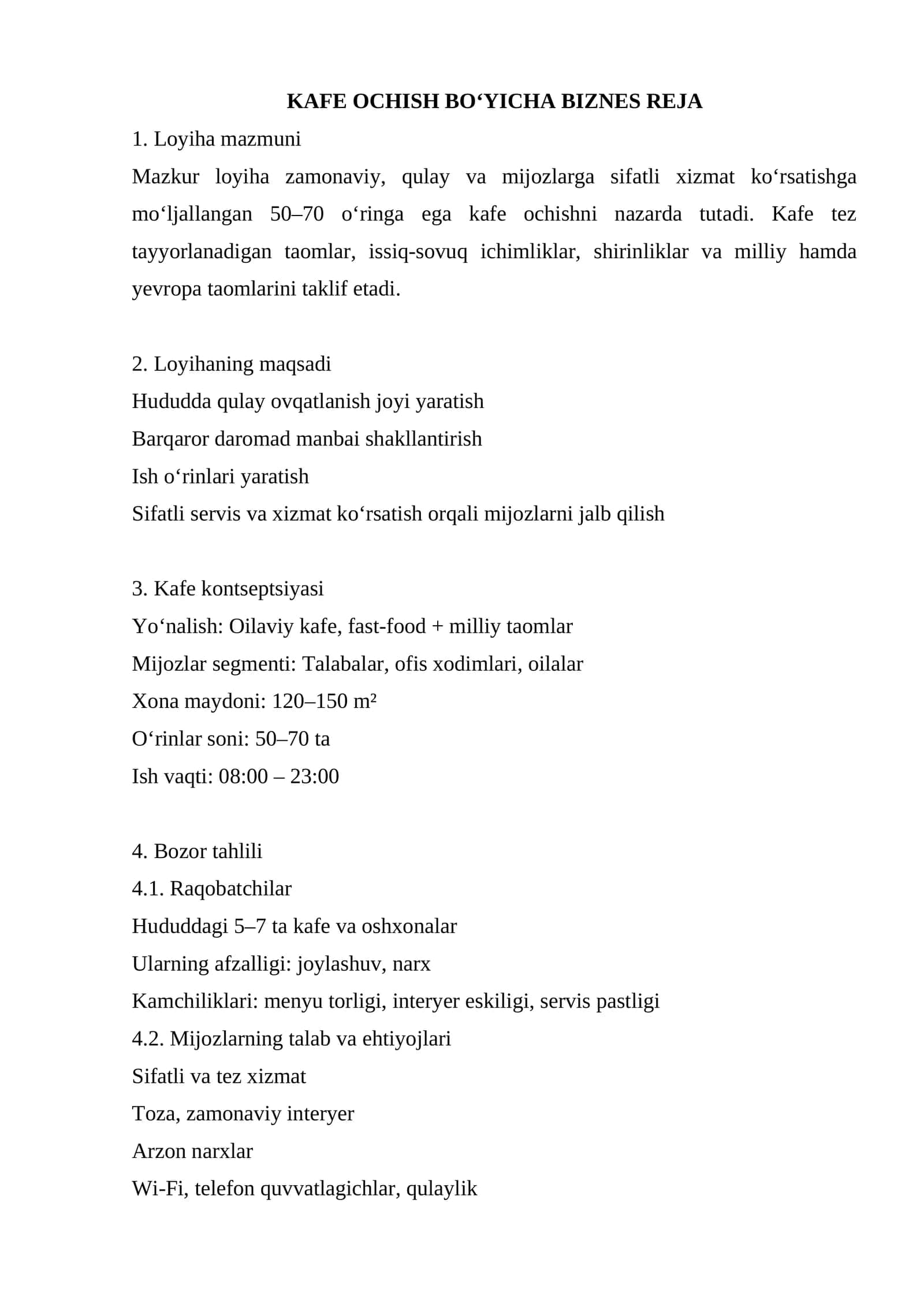 KAFE OCHISH BO‘YICHA BIZNES REJA 1