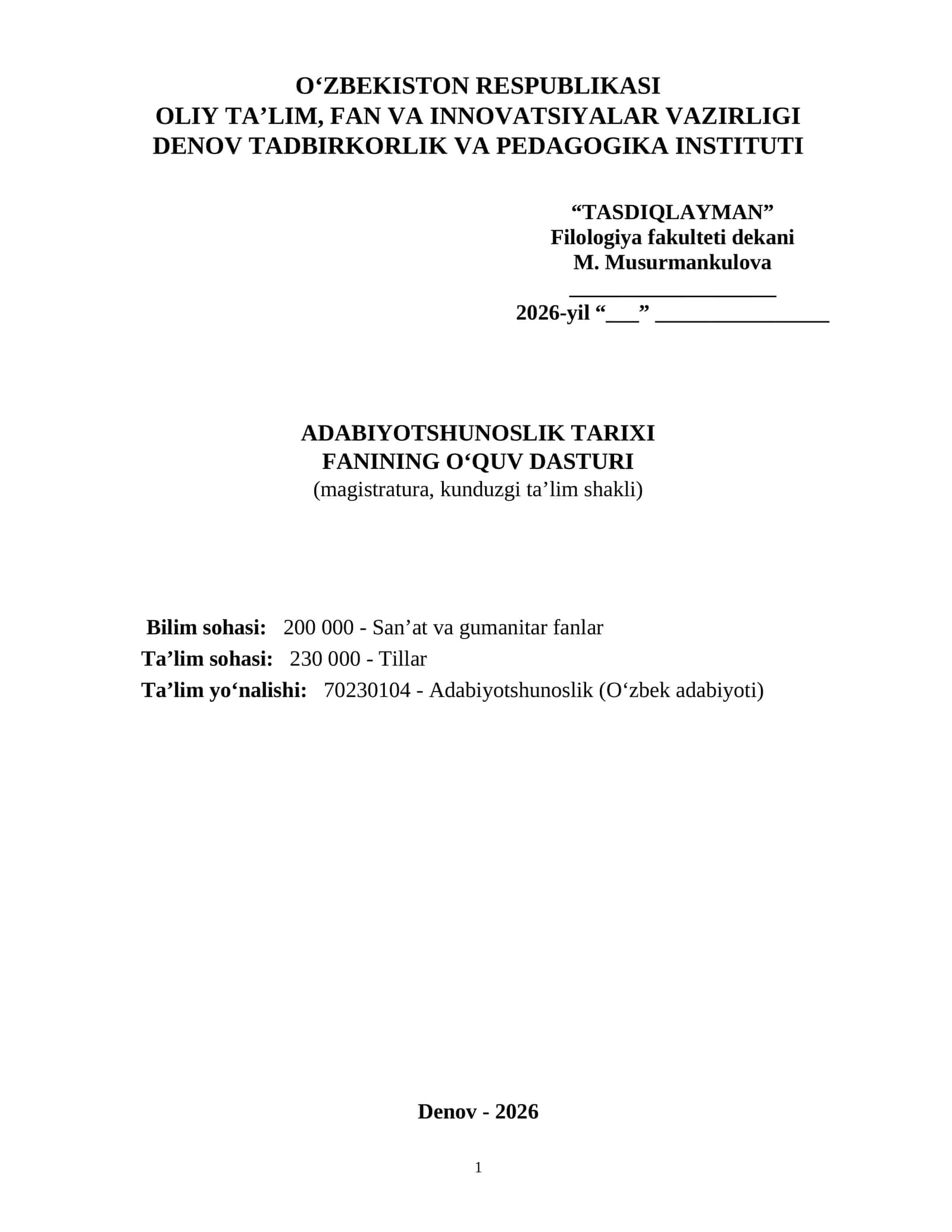 ADABIYOTSHUNOSLIK TARIXI FANINING O'QUV DASTURI 1