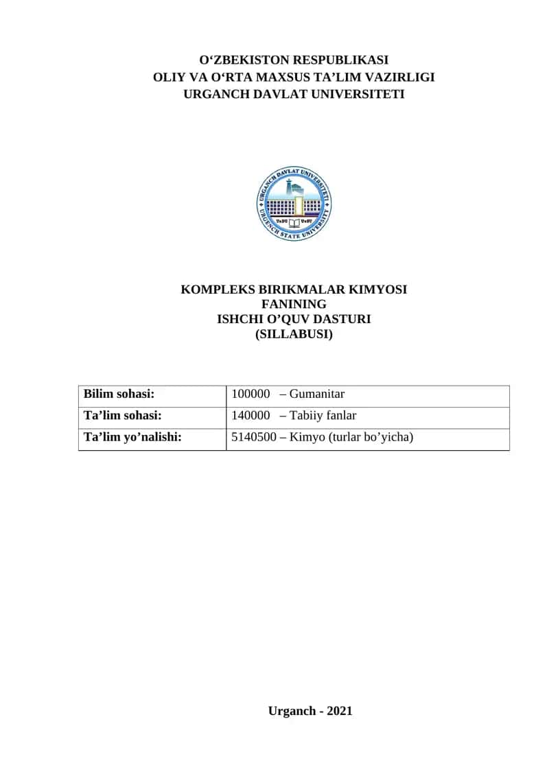 KOMPLEKS BIRIKMALAR KIMYOSI FANINING ISHCHI O’QUV DASTURI (SILLABUSI) 1
