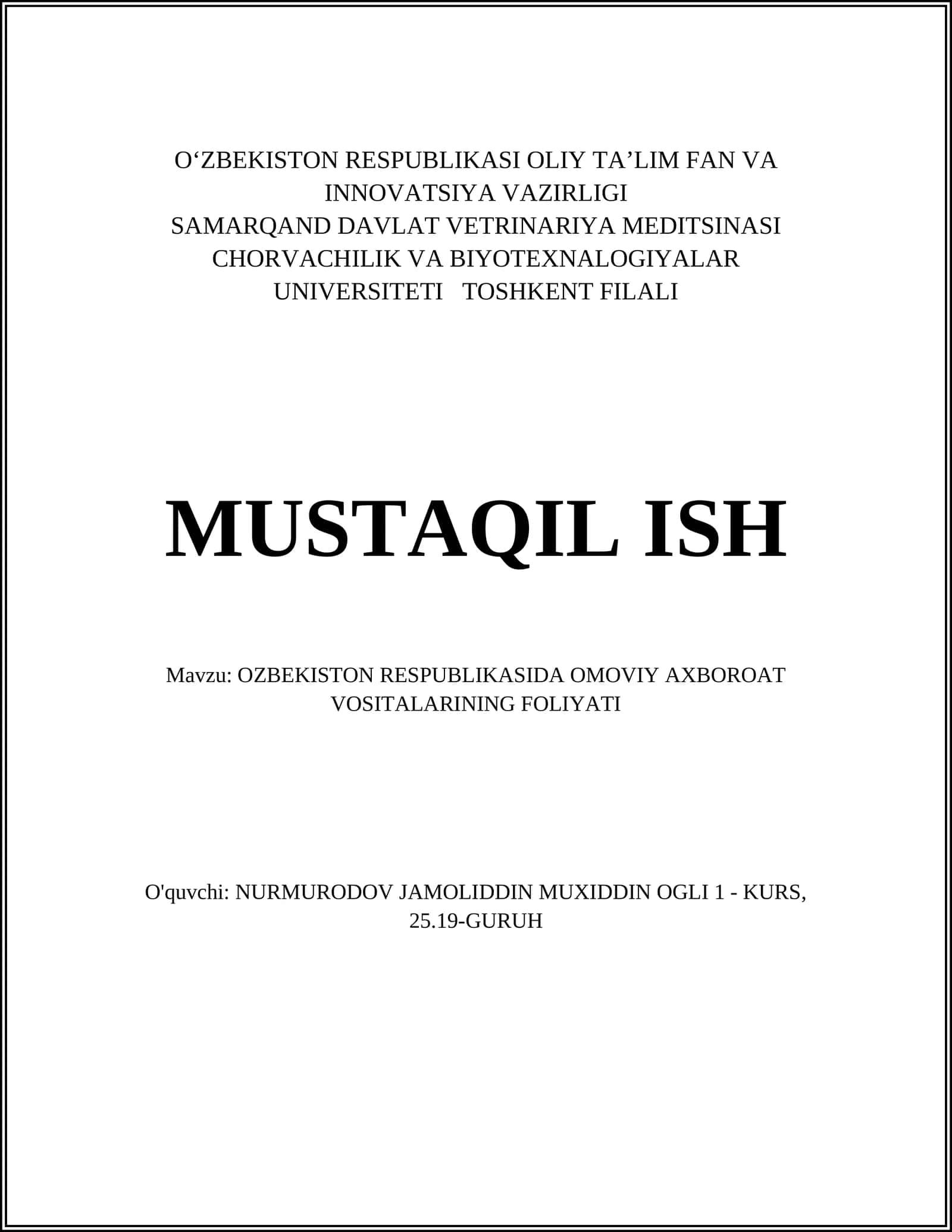 O'zbekiston Respublikasida ommaviy axborot vositalarining foliyati 1