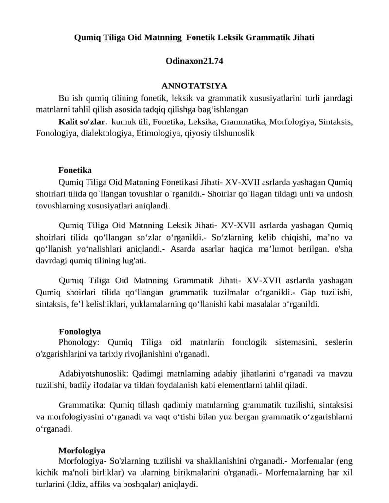 Qumiq Tiliga Oid Matnning Fonetik Leksik Grammatik Jihati 1
