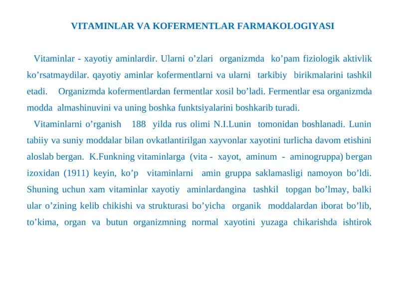 VITAMINLAR VA KOFERMENTLAR FARMAKOLOGIYASI 1