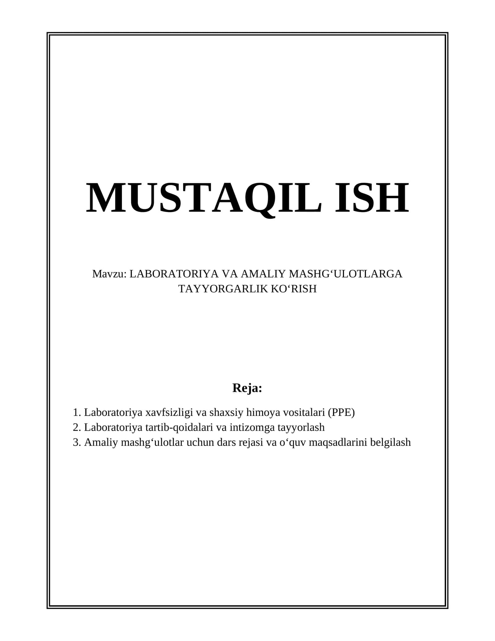 LABORATORIYA VA AMALIY MASHGʻULOTLARGA TAYYORGARLIK KOʻRISH 1