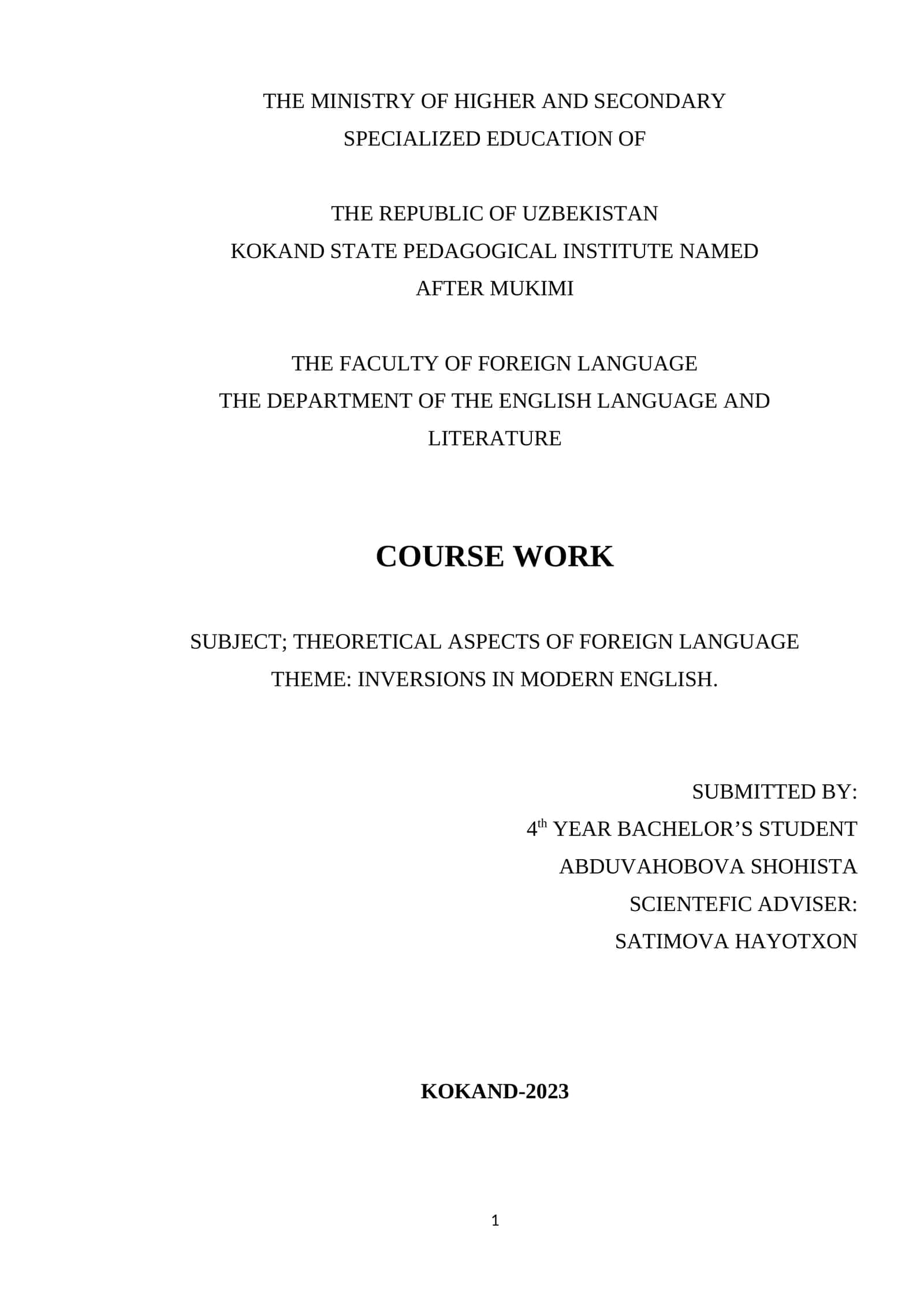 INVERSIONS IN MODERN ENGLISH. 1
