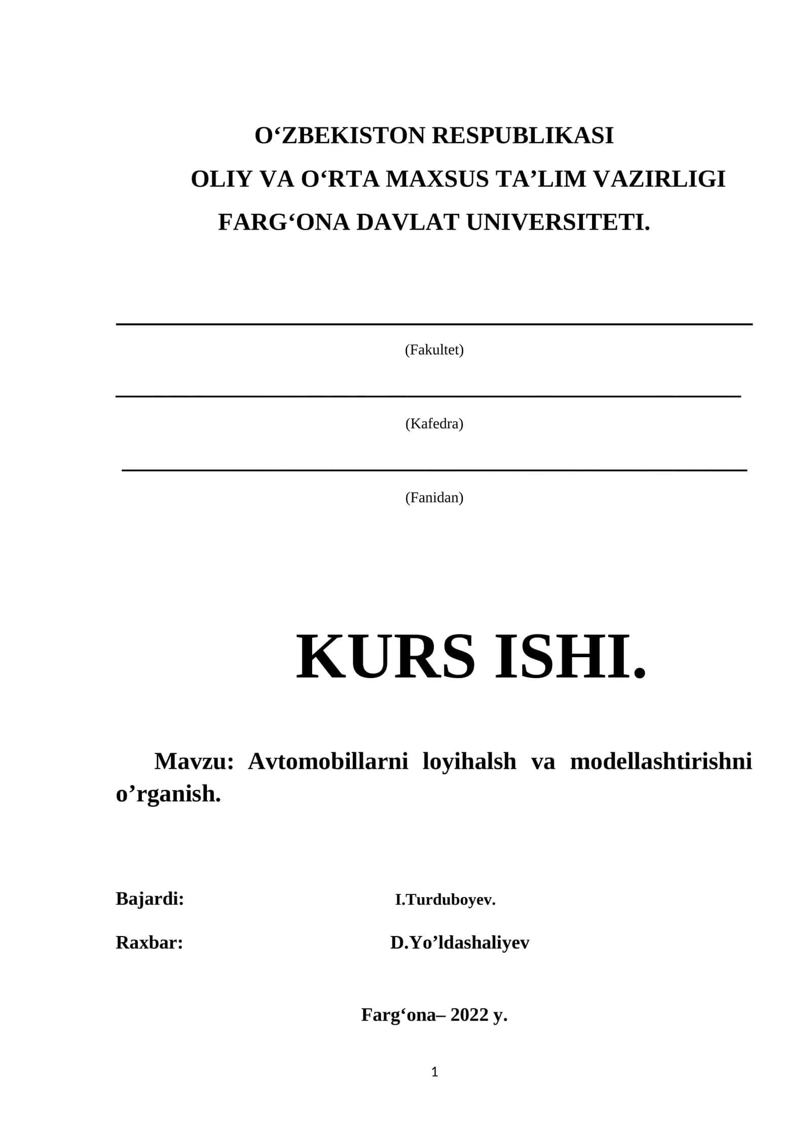 Avtomobillarni loyihalsh va modellashtirishni o’rganish 1