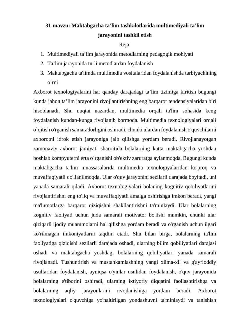 Maktabgacha ta’lim tashkilotlarida multimediyali ta’lim jarayonini tashkil etish 1