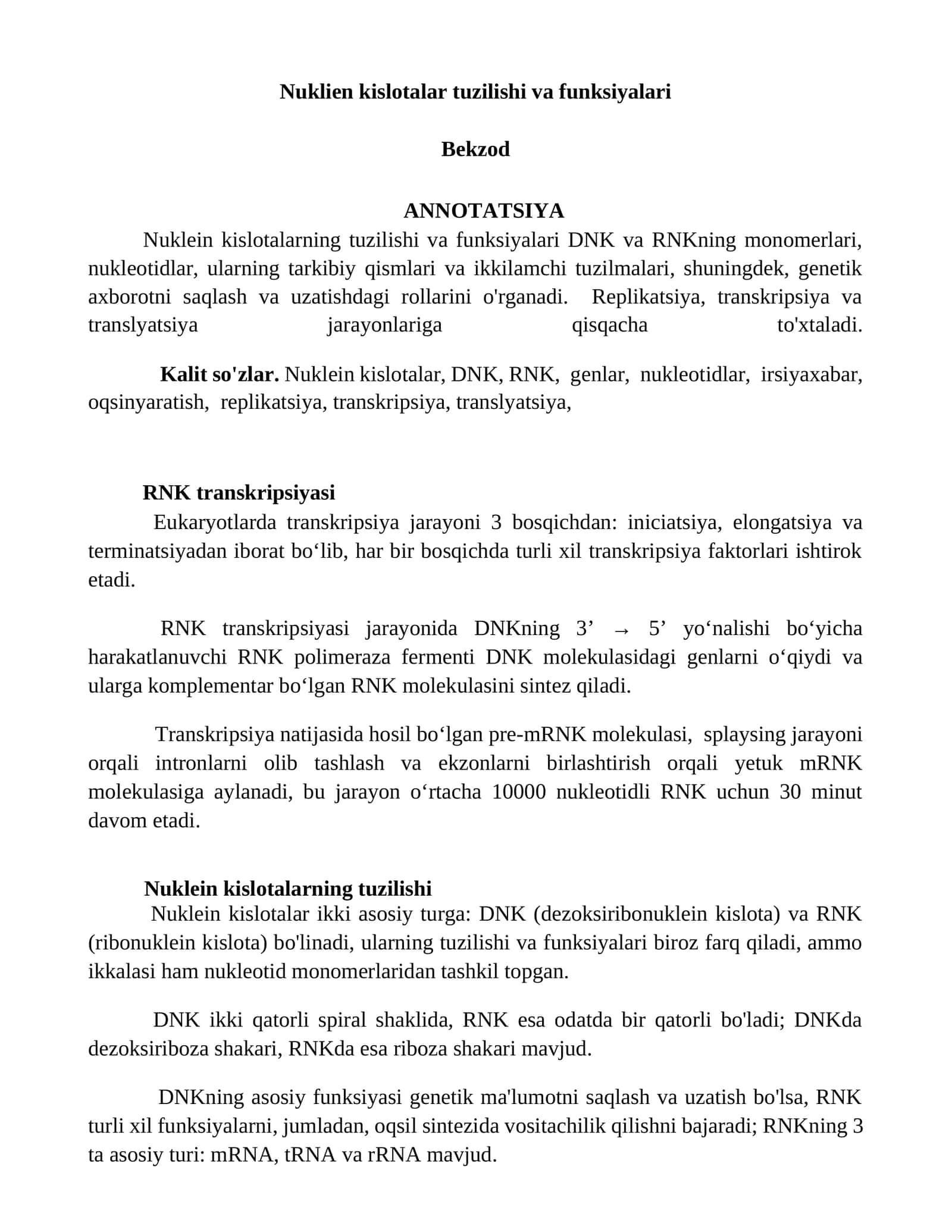 Nuklien kislotalar tuzilishi va funksiyalari 1
