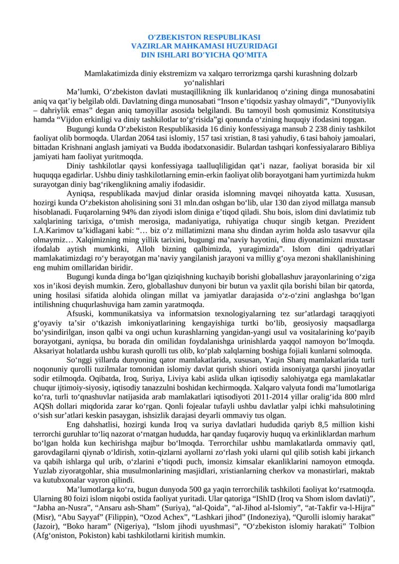 O'ZBEKISTON RESPUBLIKASI VAZIRLAR MAHKAMASI HUZURIDAGI DIN ISHLARI BO'YICHA QO'MITA 1