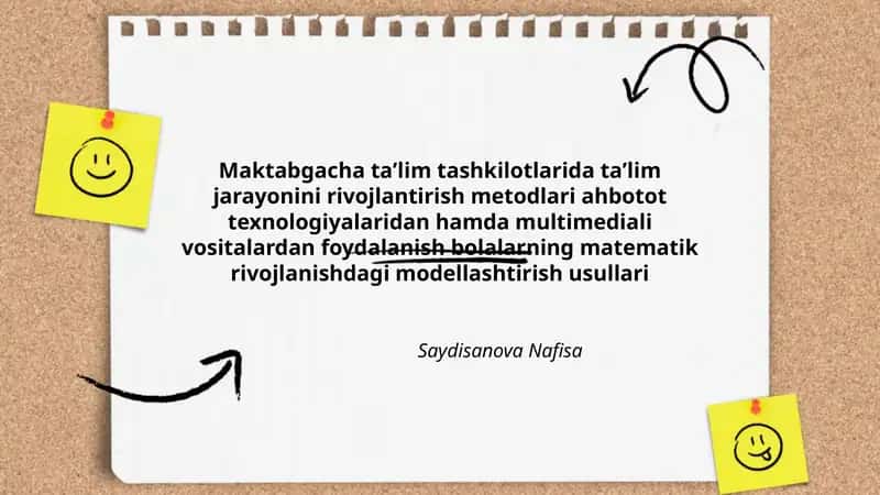 Maktabgacha taʼlim tashkilotlarida taʼlim jarayonini rivojlantirish metodlari ahbotot texnologiyalaridan hamda multimediali vositalardan foydalanish bolalarning matematik rivojlanishdagi modellashtirish usullari 1