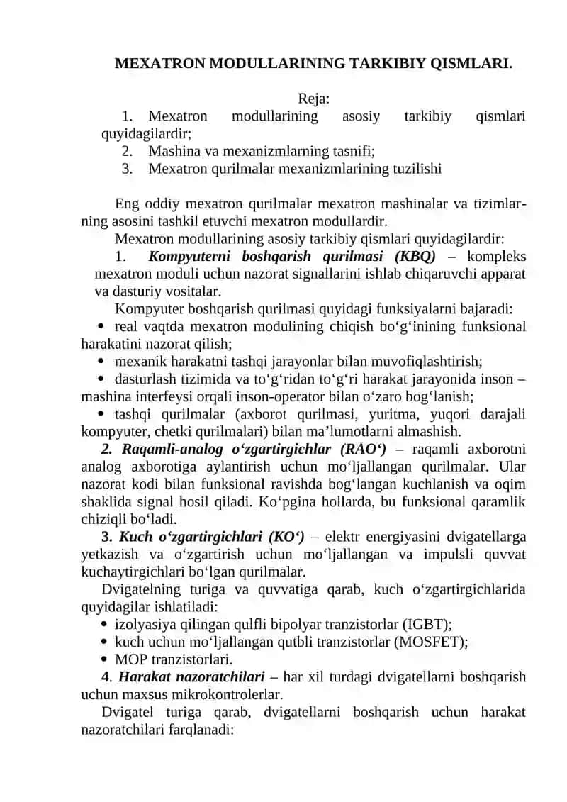 MEXATRON MODULLARINING TARKIBIY QISMLARI. 1