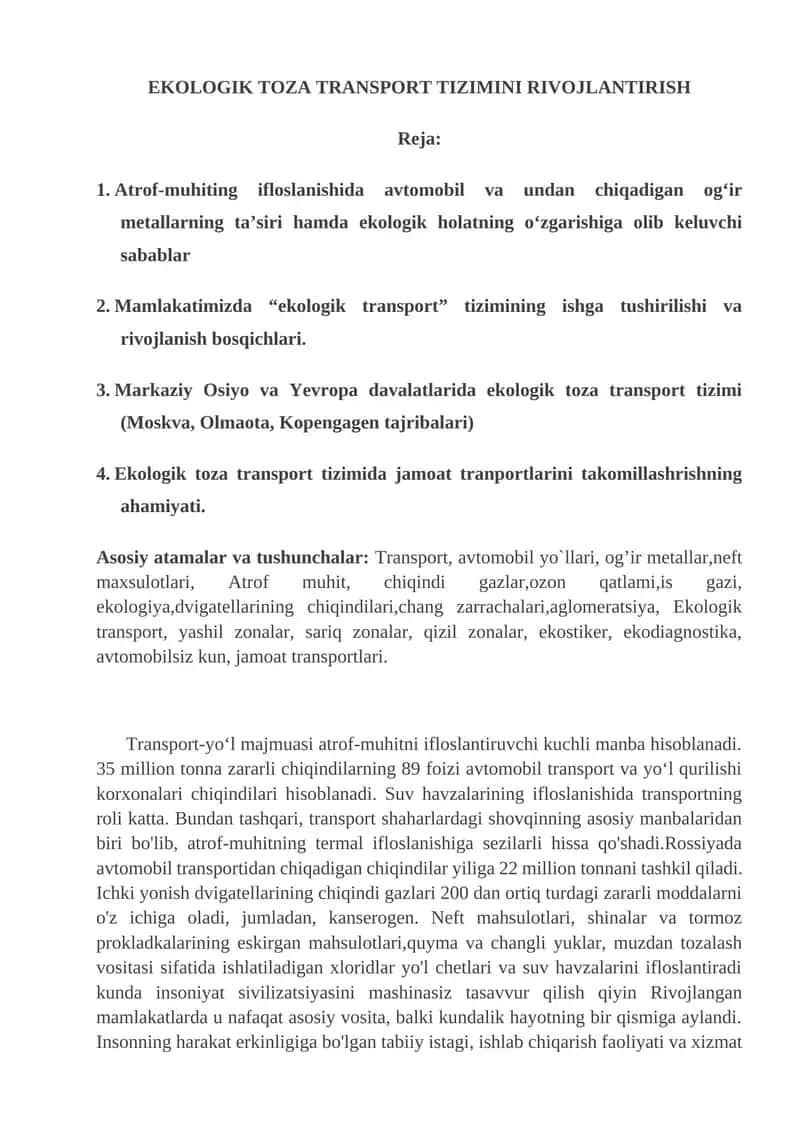 EKOLOGIK TOZA TRANSPORT TIZIMINI RIVOJLANTIRISH 1