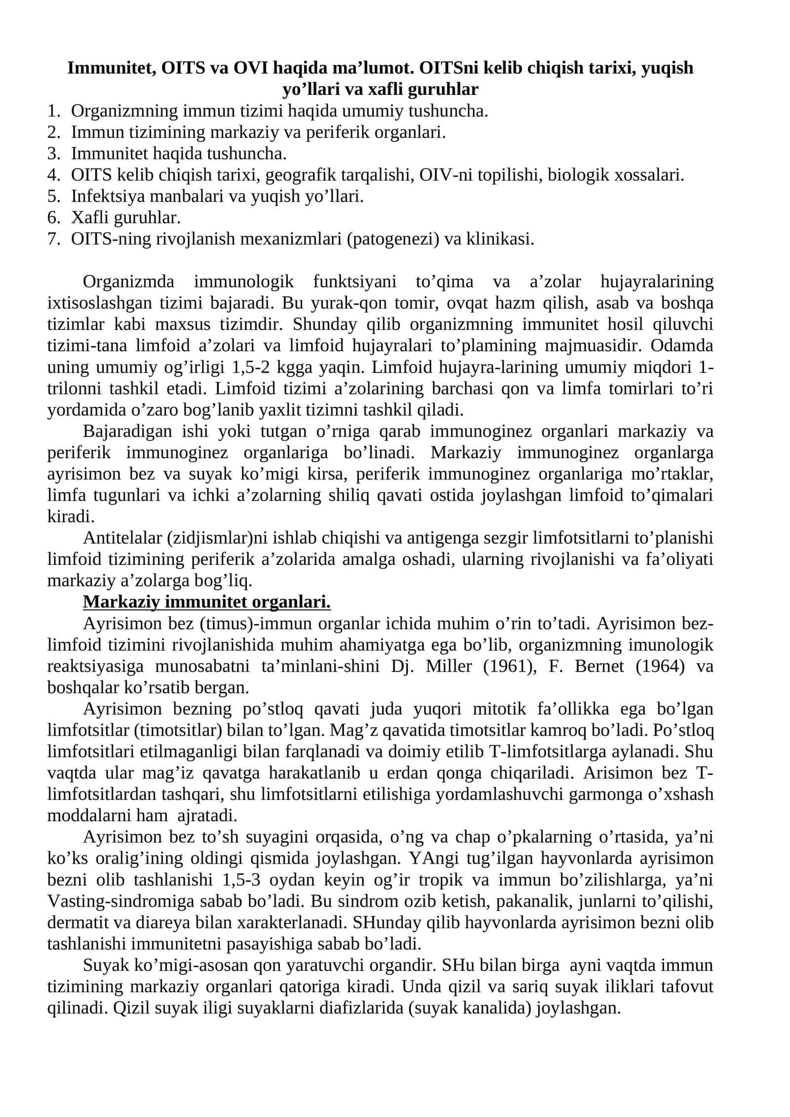 Immunitet, OITS va OVI haqida ma’lumot. OITSni kelib chiqish tarixi, yuqish yo’llari va xavfli guruhlar 1