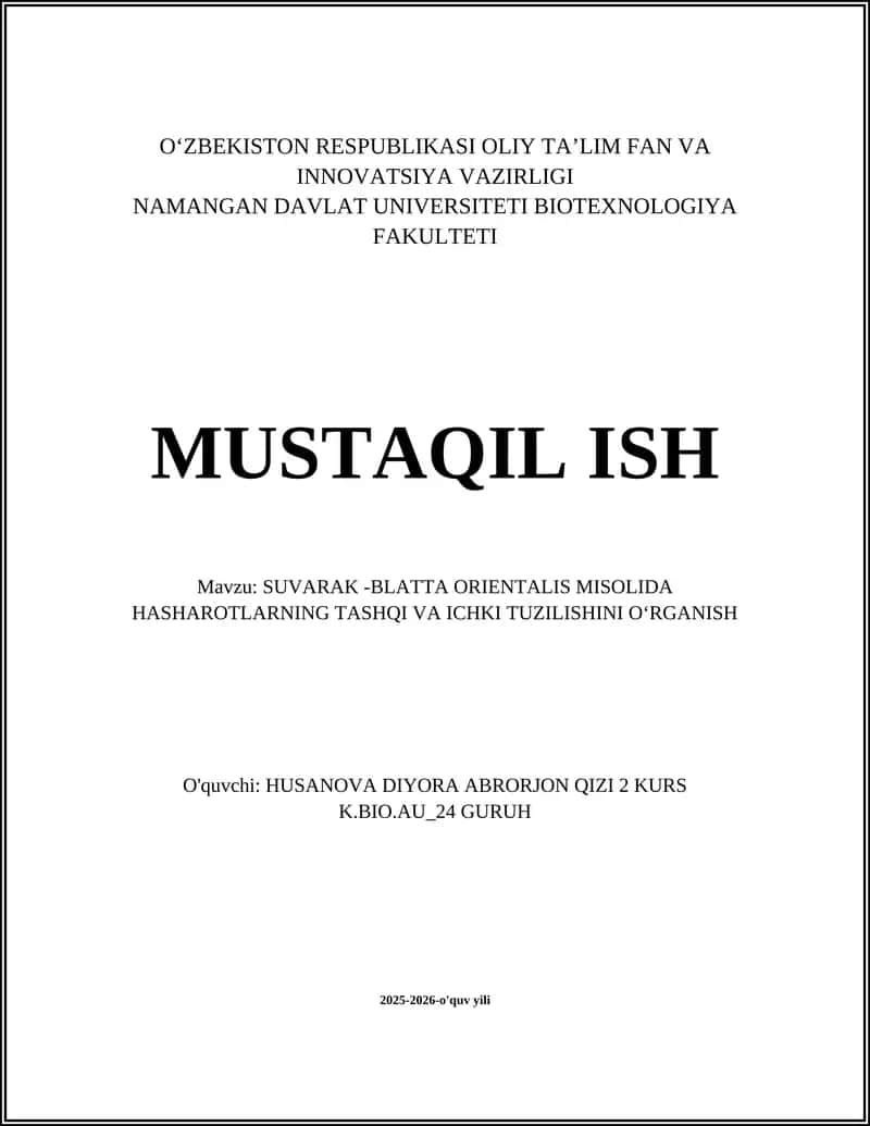 SUVARAK -BLATTA ORIENTALIS MISOLIDA HASHAROTLARNING TASHQI VA ICHKI TUZILISHINI OʻRGANISH 1