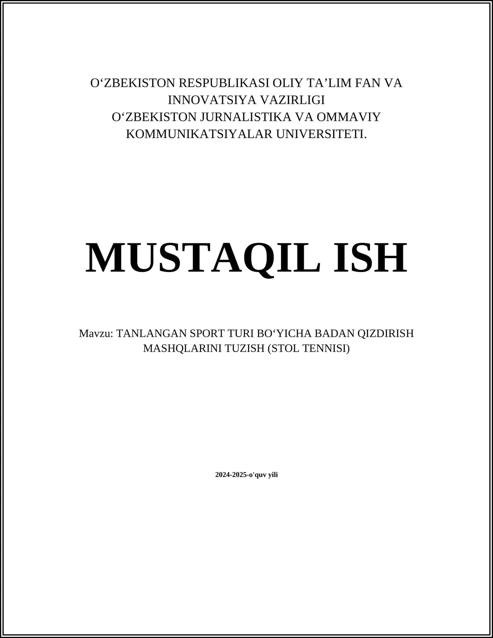TANLANGAN SPORT TURI BO‘YICHA BADAN QIZDIRISH MASHQLARINI TUZISH (STOL TENNISI) 1