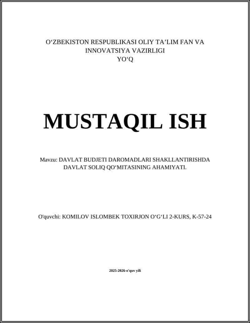 DAVLAT BUDJETI DAROMADLARI SHAKLLANTIRISHDA DAVLAT SOLIQ QO’MITASINING AHAMIYATI 1