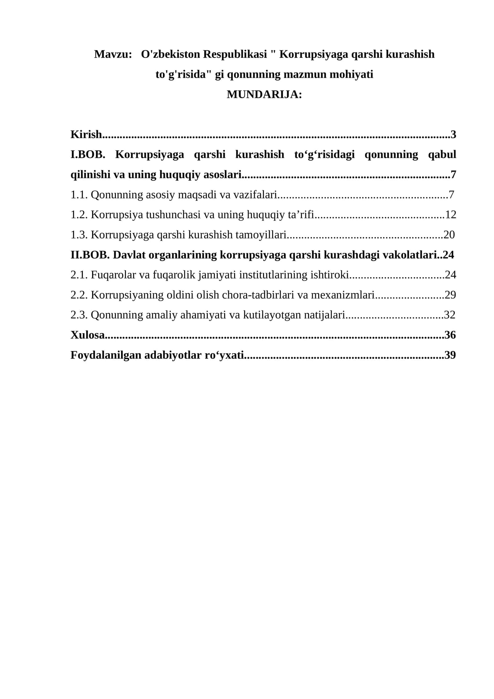 O'zbekiston Respublikasi " Korrupsiyaga qarshi kurashish to'g'risida" gi qonunning mazmun mohiyati 1