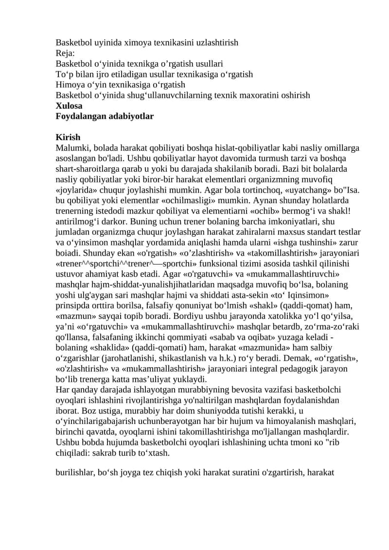 Basketbol uyinida ximoya texnikasini uzlashtirish 1