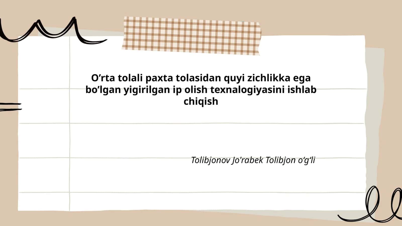 O’rta tolali paxta tolasidan quyi zichlikka ega bo’lgan yigirilgan ip olish texnalogiyasi 1