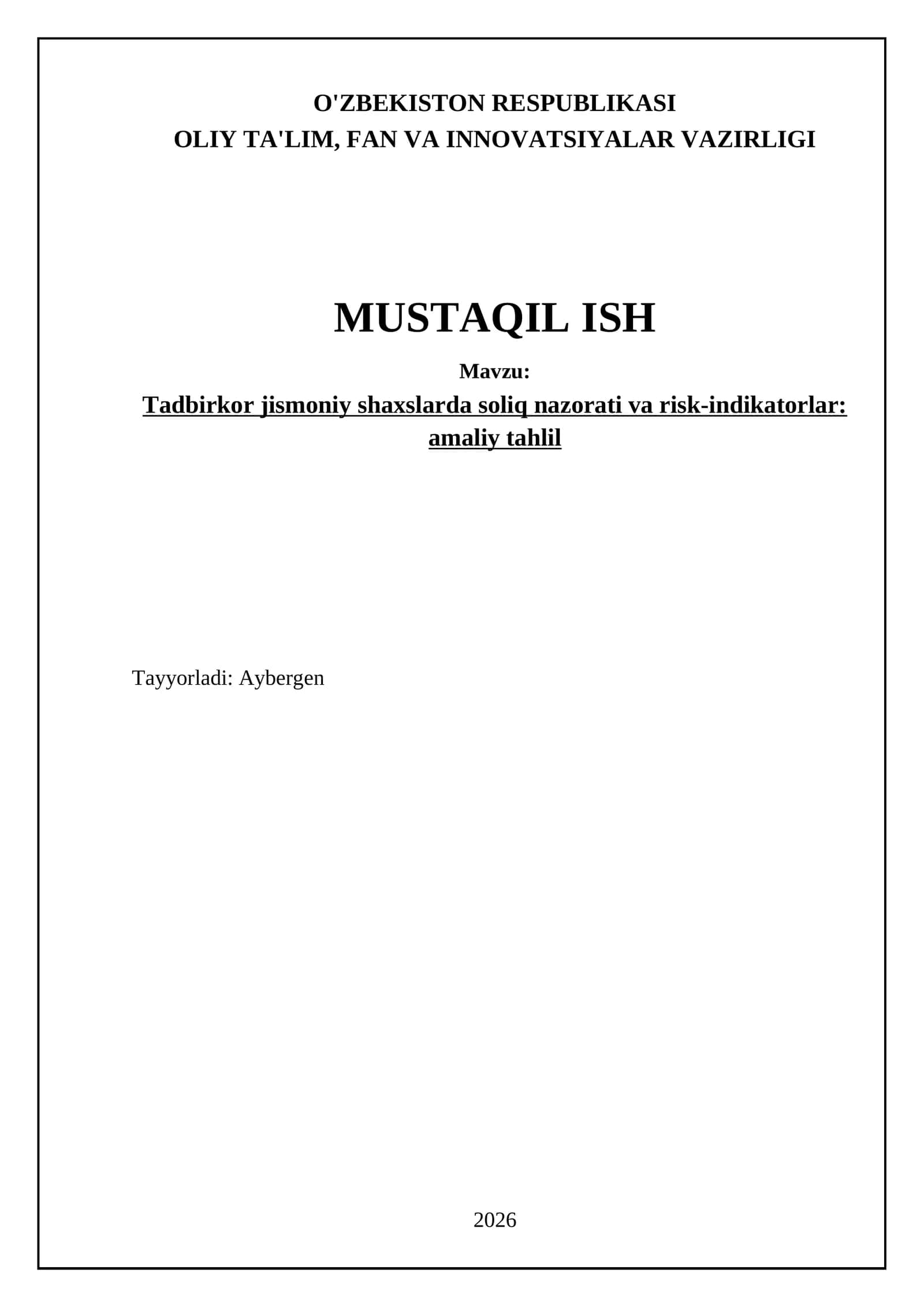 Tadbirkor jismoniy shaxslarda soliq nazorati va risk-indikatorlar: amaliy tahlil 1
