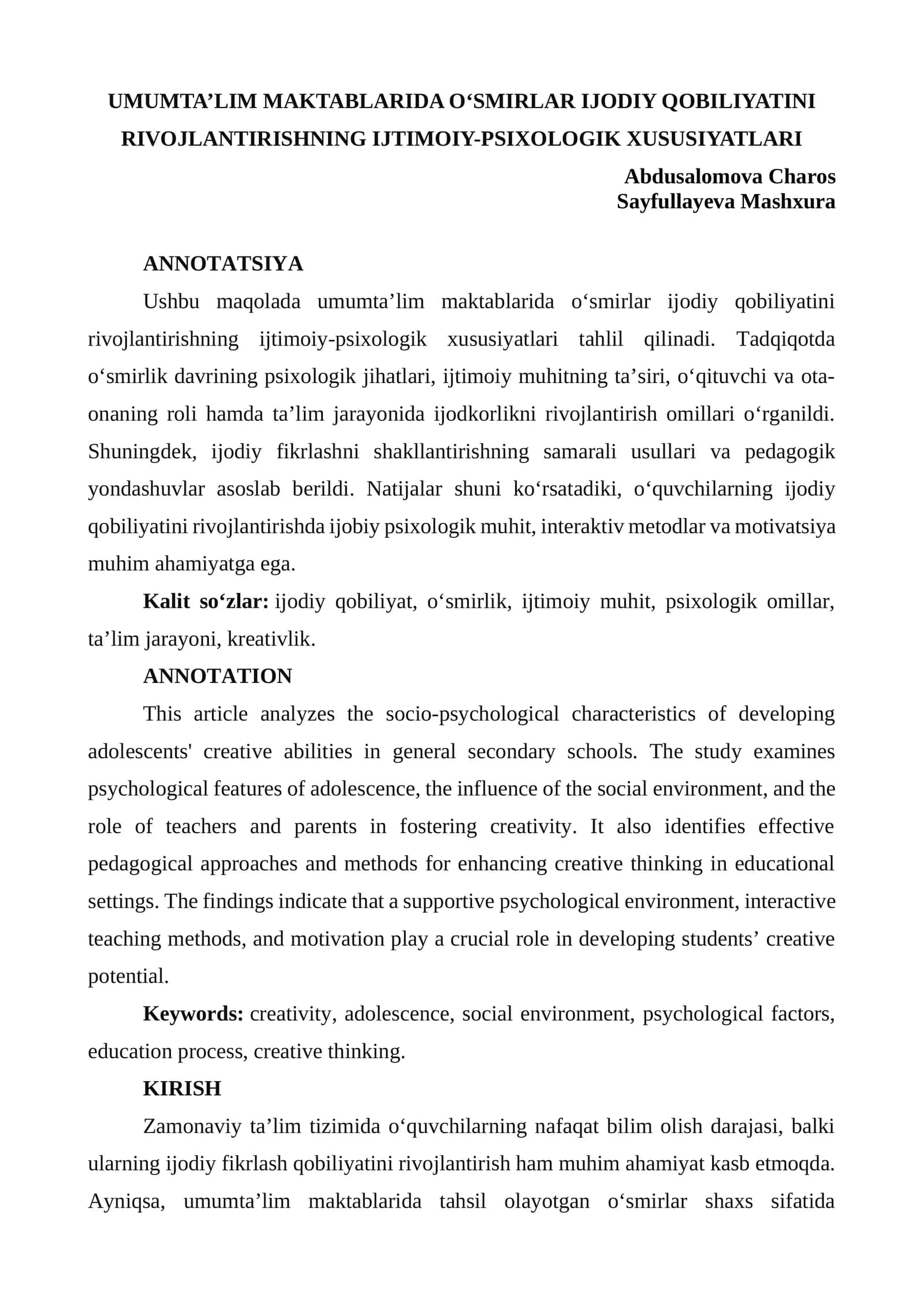 UMUMTA’LIM MAKTABLARIDA O‘SMIRLAR IJODIY QOBILIYATINI RIVOJLANTIRISHNING IJTIMOIY-PSIXOLOGIK XUSUSIYATLARI 1
