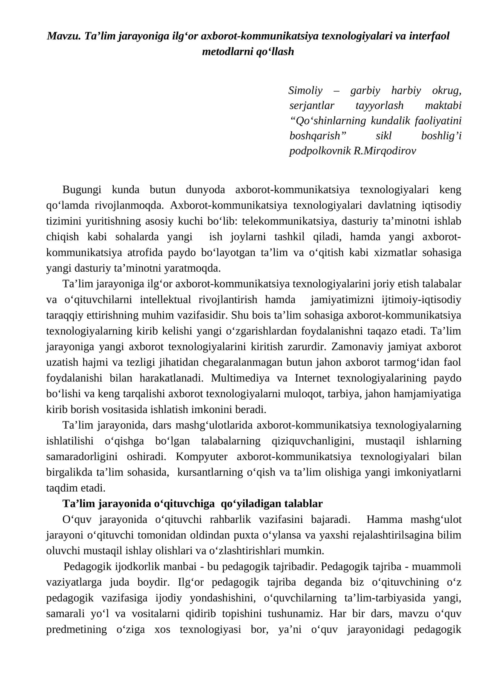 Ta’lim jarayoniga ilg‘or axborot-kommunikatsiya texnologiyalari va interfaol metodlarni qo‘llash 1