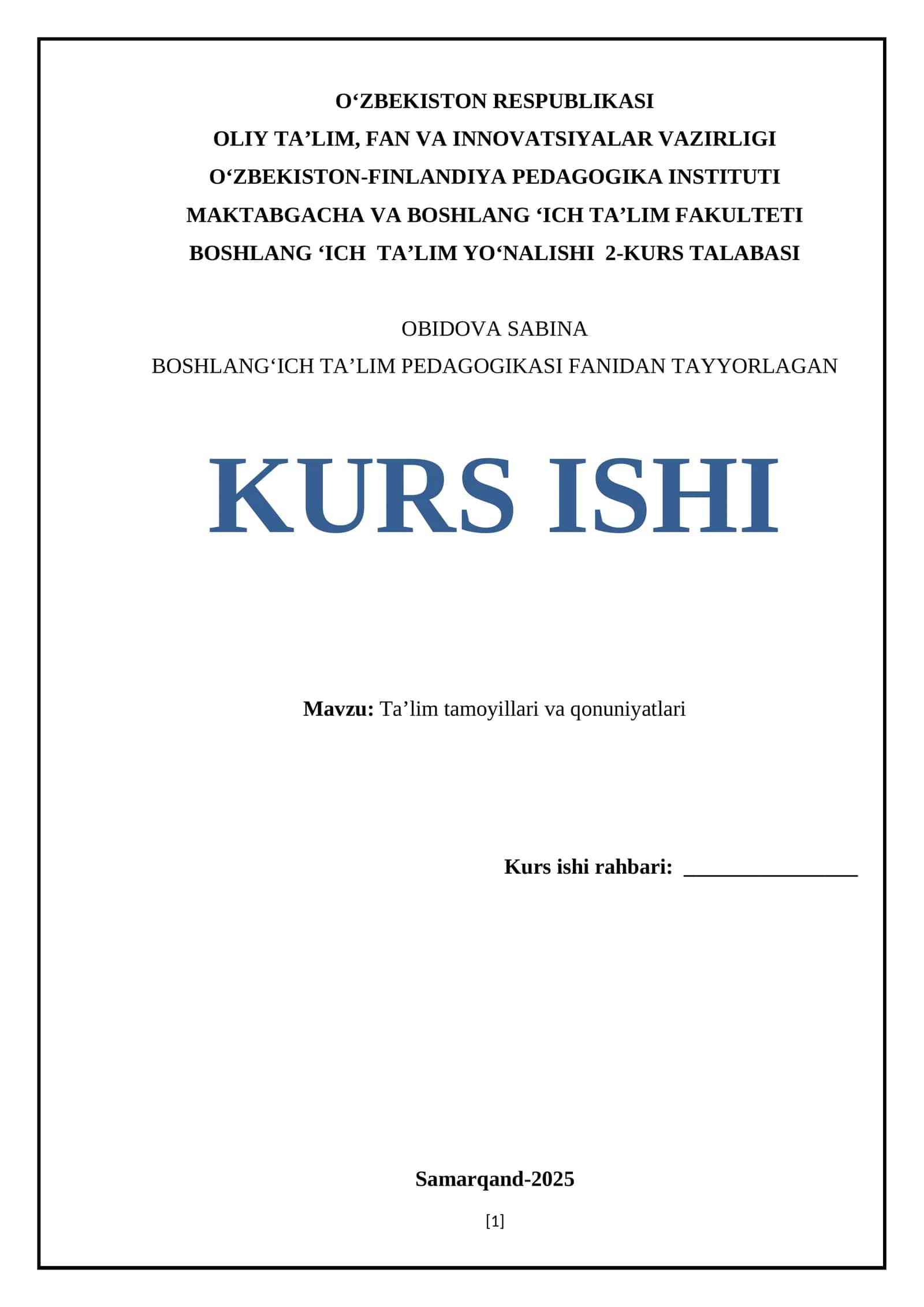 Boslang'ich ta'lim yog'nalishi 2-kurs talabasi kurs ishi 1