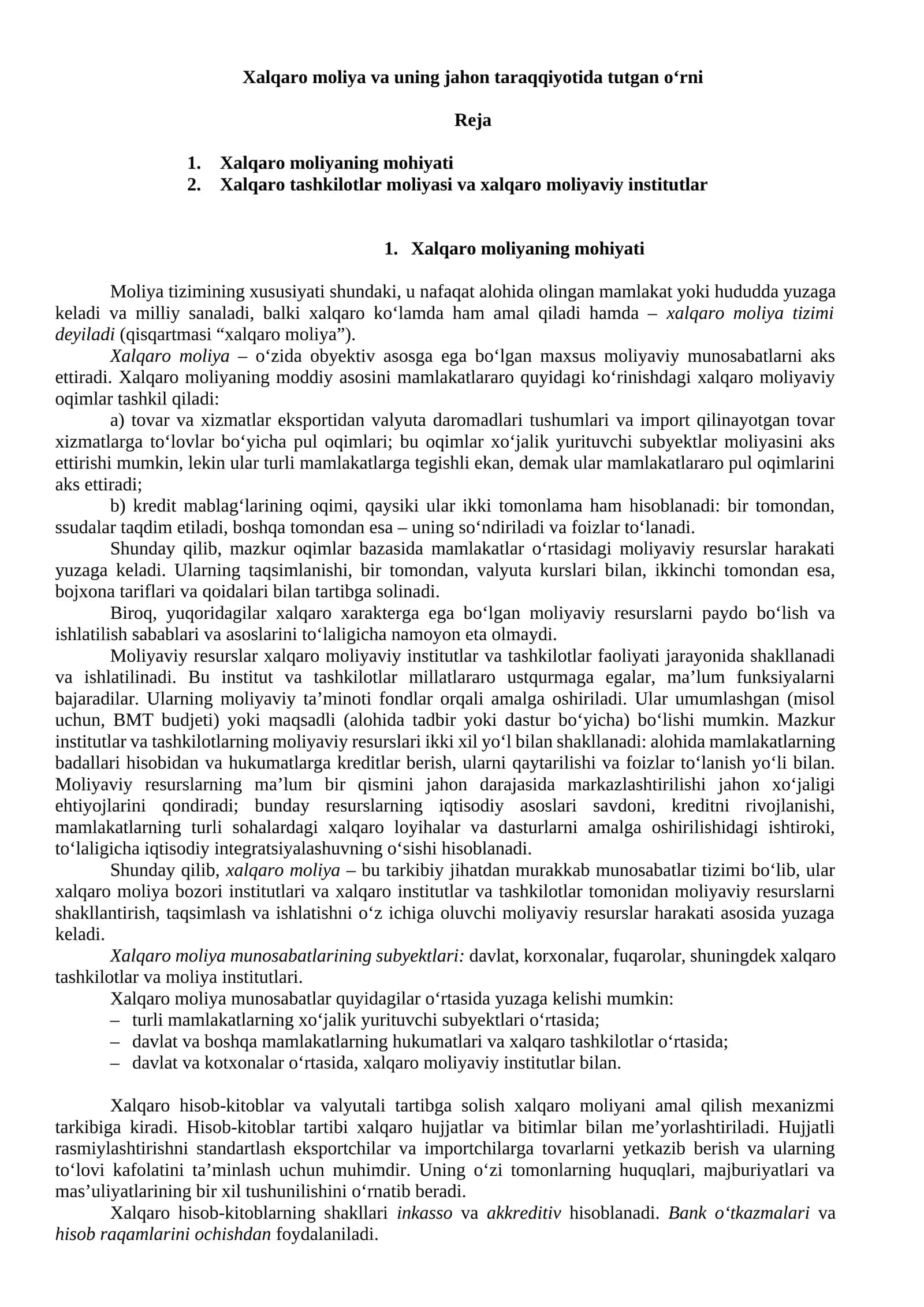 Xalqaro moliya va uning jahon taraqqiyotida tutgan o‘rni 1
