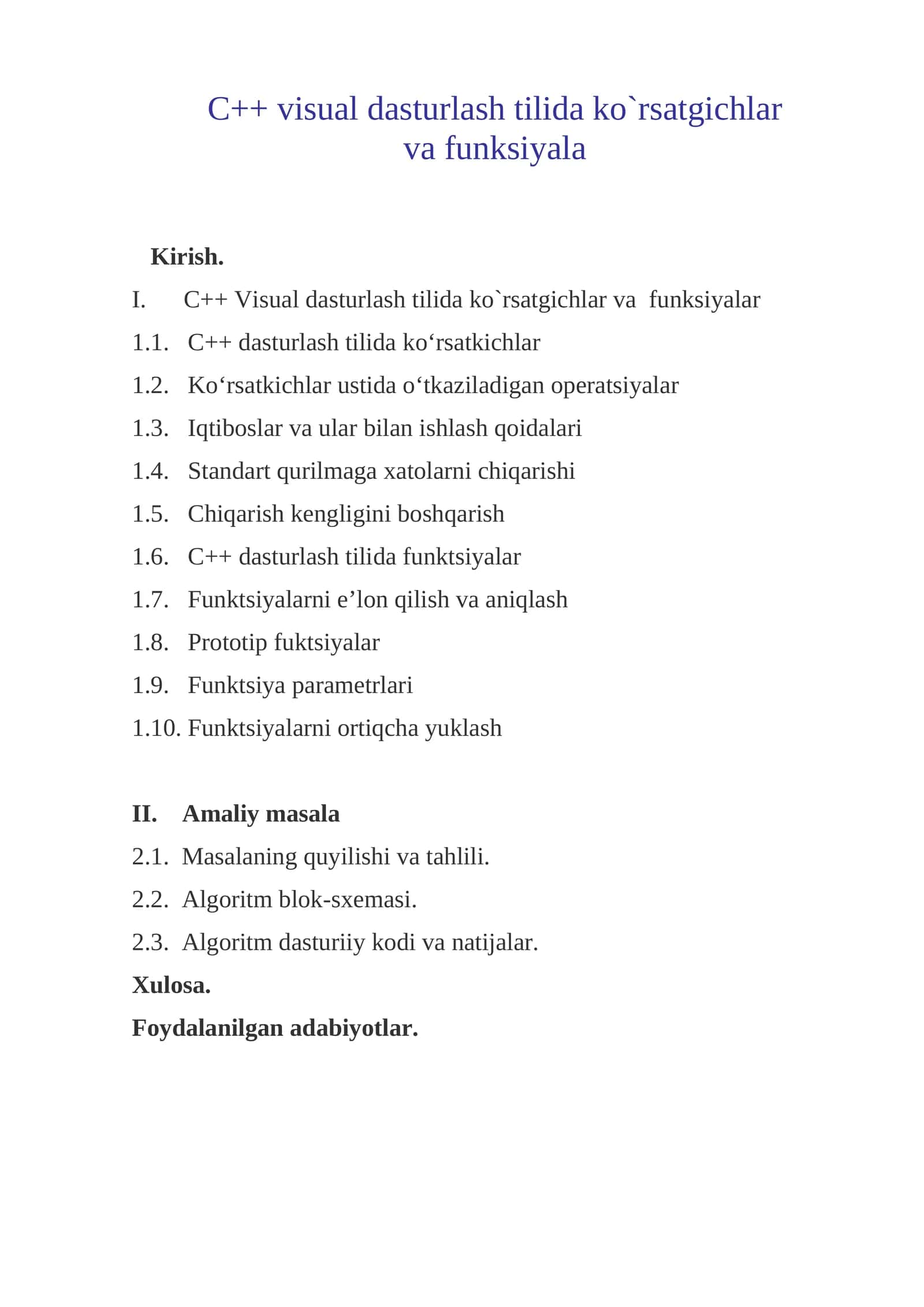 C++ Visual dasturlash tilida ko`rsatgichlar va funksiyalar 1
