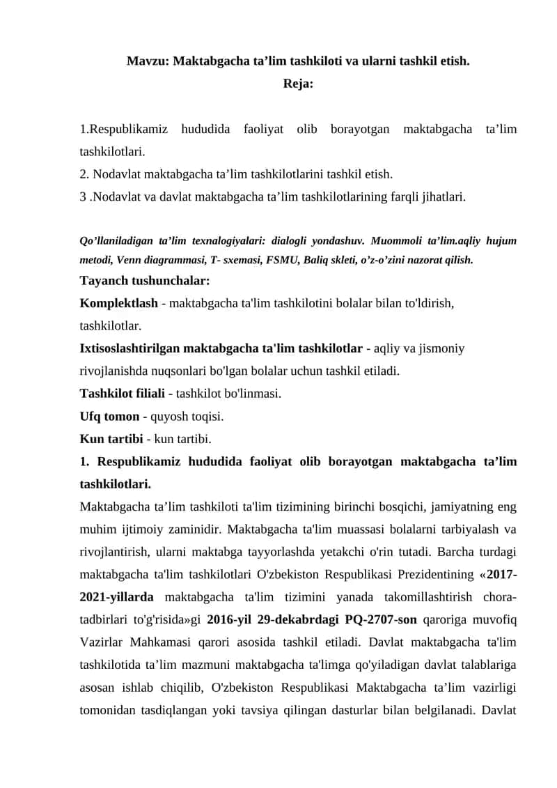 Maktabgacha ta’lim tashkiloti va ularni tashkil etish 1