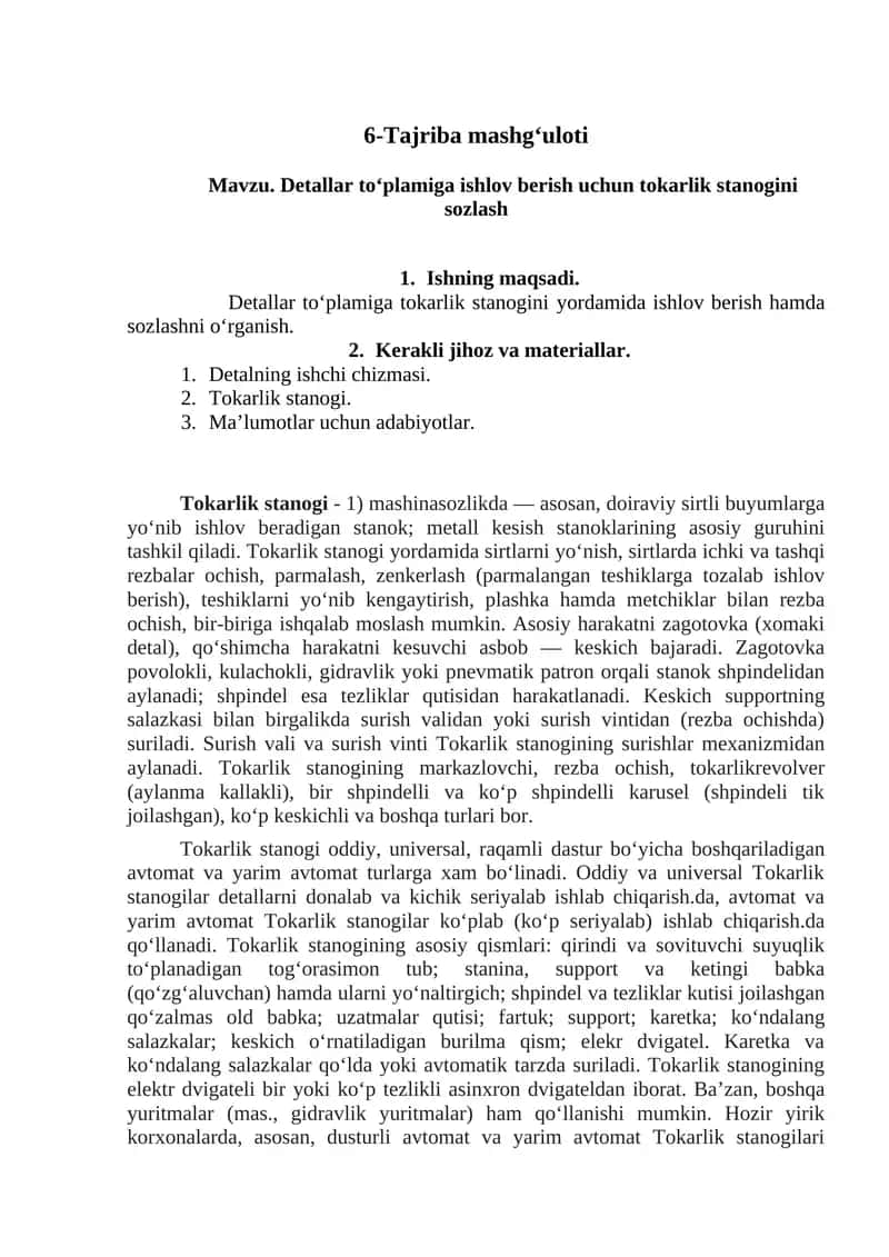 Detallar to‘plamiga ishlov berish uchun tokarlik stanogi 1
