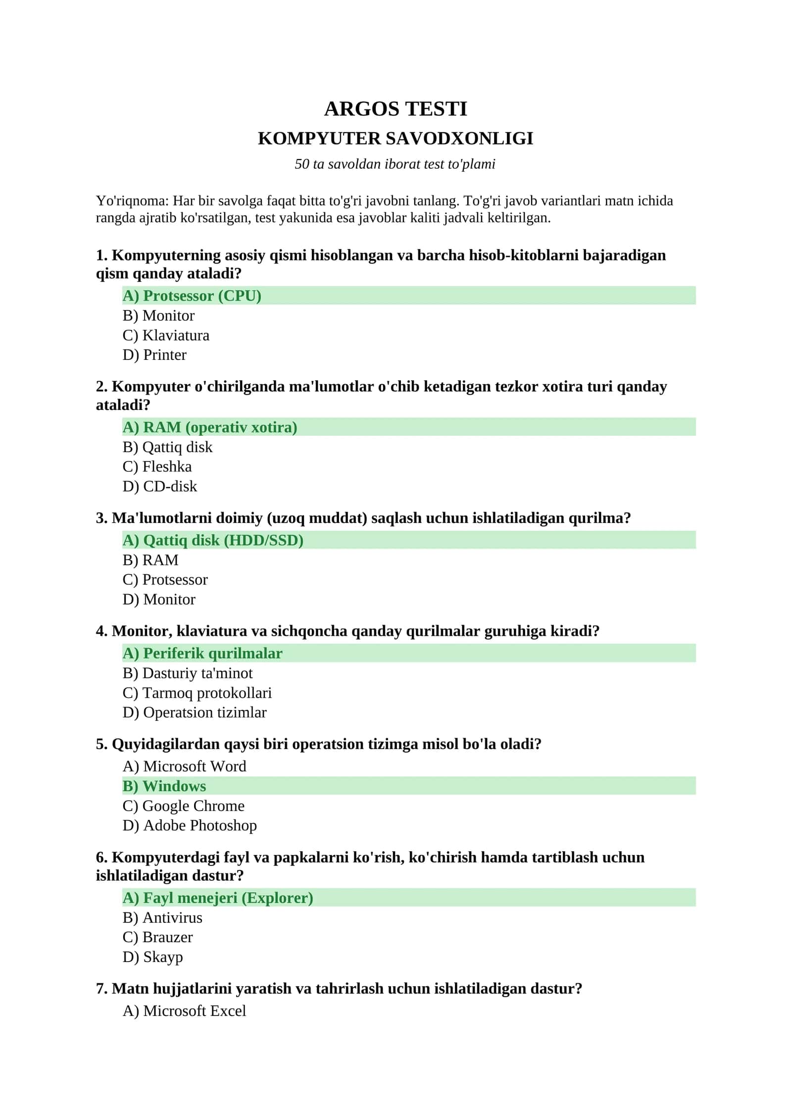 ARGOS test to'plami — Kompyuter savodxonligi (50 savol, javoblar bilan) 1
