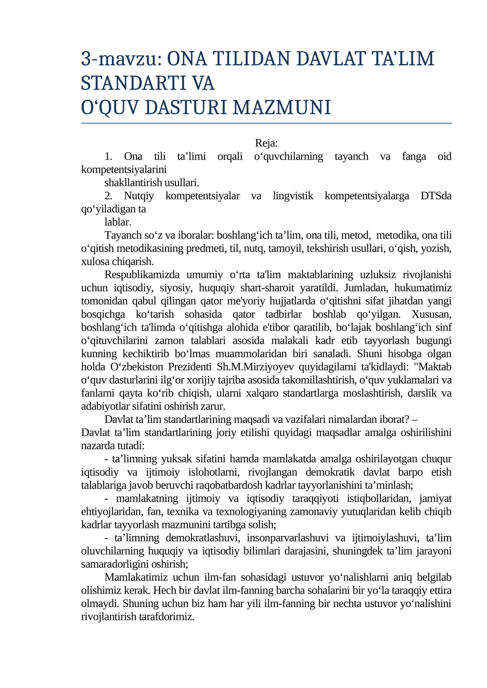ONA TILIDAN DAVLAT TA’LIM STANDARTI VA O‘QUV DASTURI MAZMUNI 1