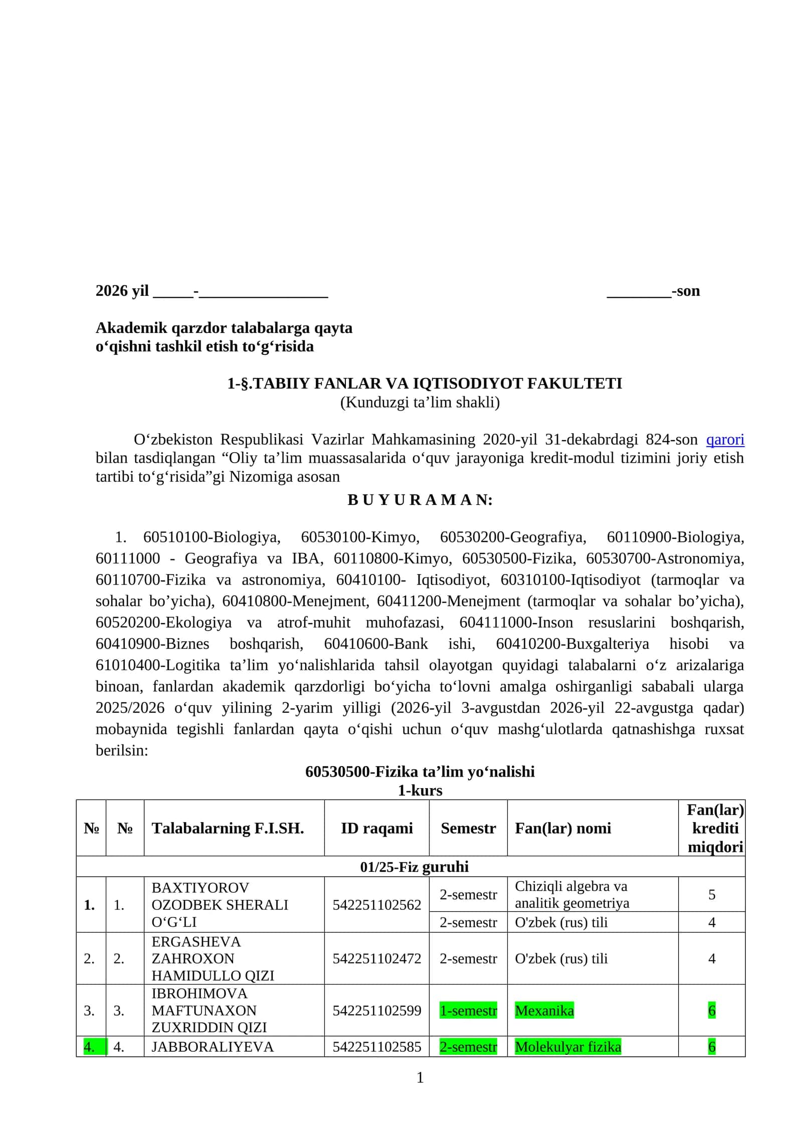 2026 yil Oliy Ta' lim Muassasalari Talabalari Uchun Qayta O'qish Tartibi 1