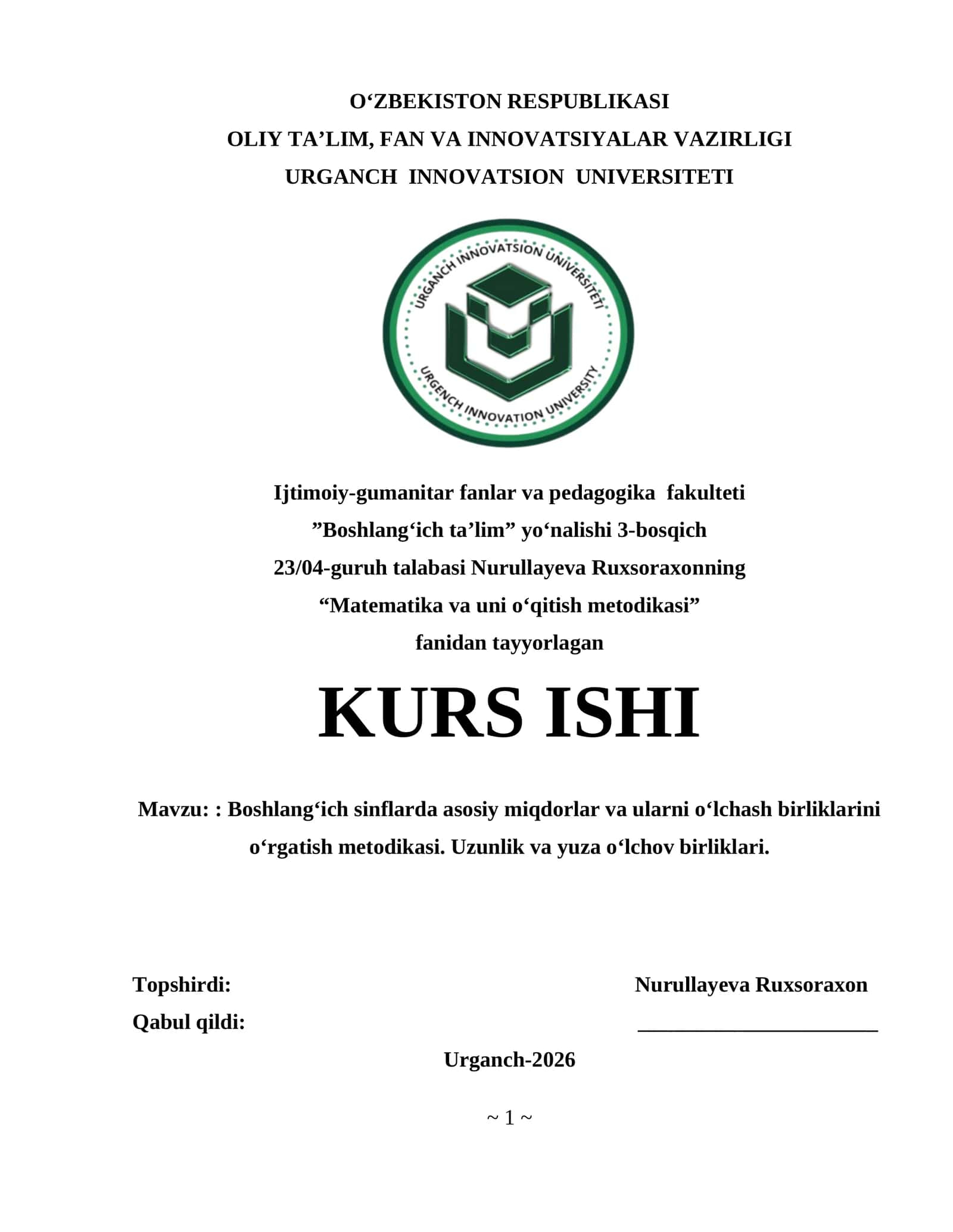 Boshlang‘ich sinflarda asosiy miqdorlar va ularni o‘lchash birliklarini o‘rgatish metodikasi. Uzunlik va yuza o‘lchov birliklari 1