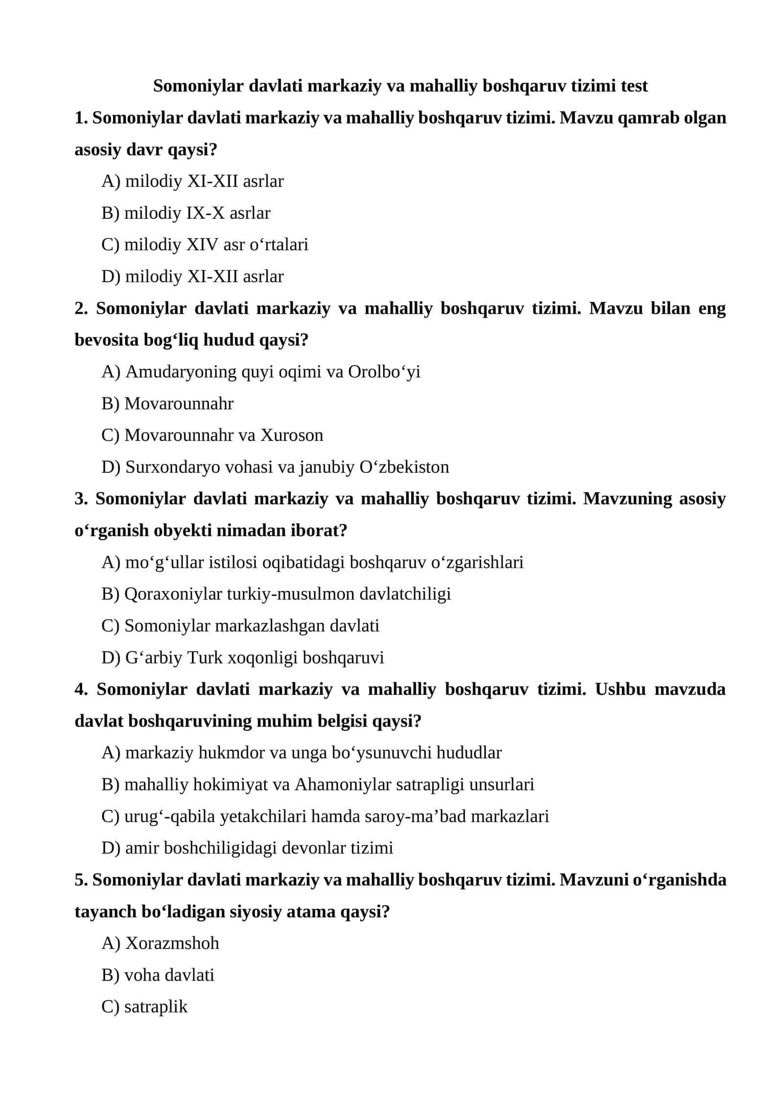 Somoniylar davlati markaziy va mahalliy boshqaruv tizimi test 1