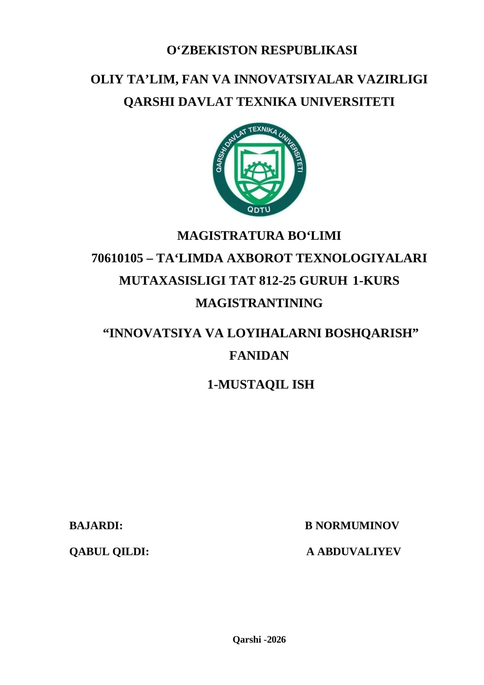 Innovatsiya va loyihalarni boshqarish 1