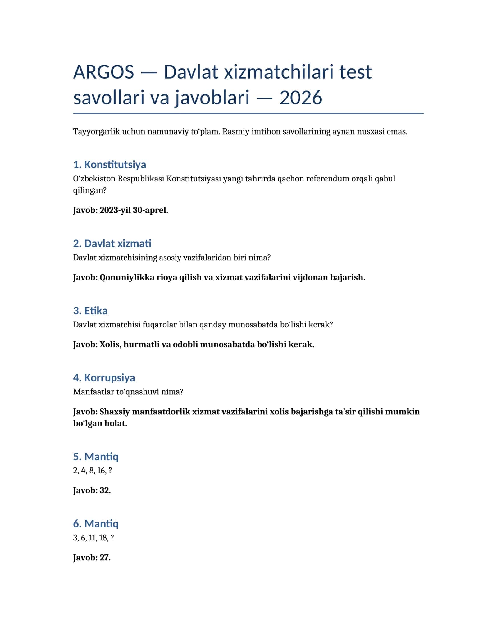 ARGOS Davlat xizmatchilari test javoblari va savollar to me'yorlashtirilgan to'plami 2026 1