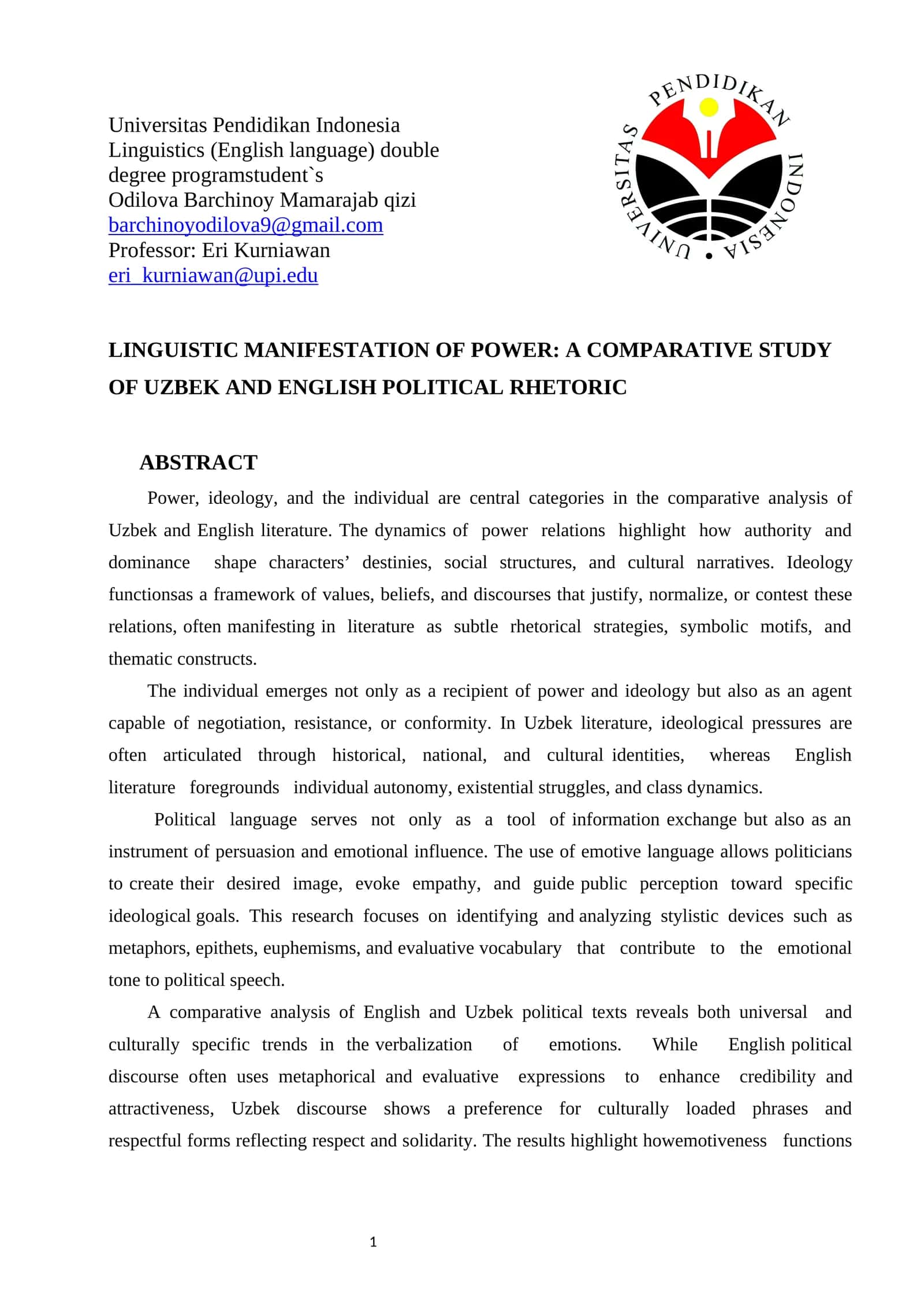 LINGUISTIC MANIFESTATION OF POWER: A COMPARATIVE STUDY OF UZBEK AND ENGLISH POLITICAL RHETORIC 1