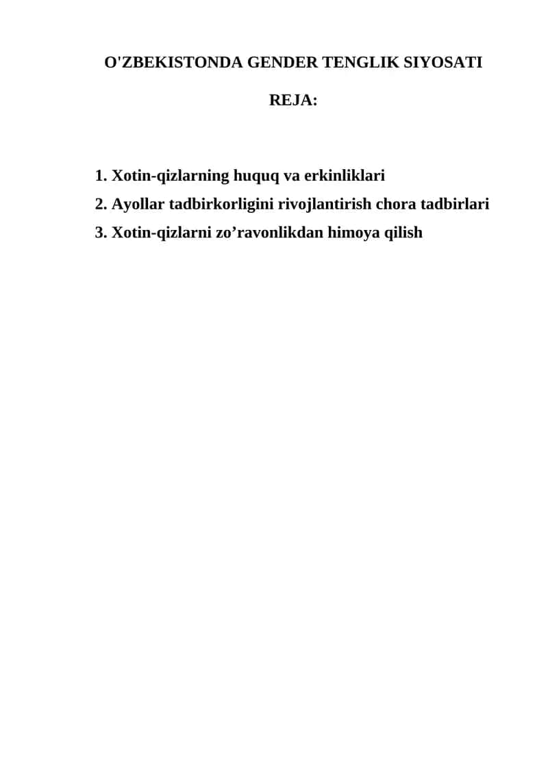 O'ZBEKISTONDA GENDER TENGLIK SIYOSATI 1
