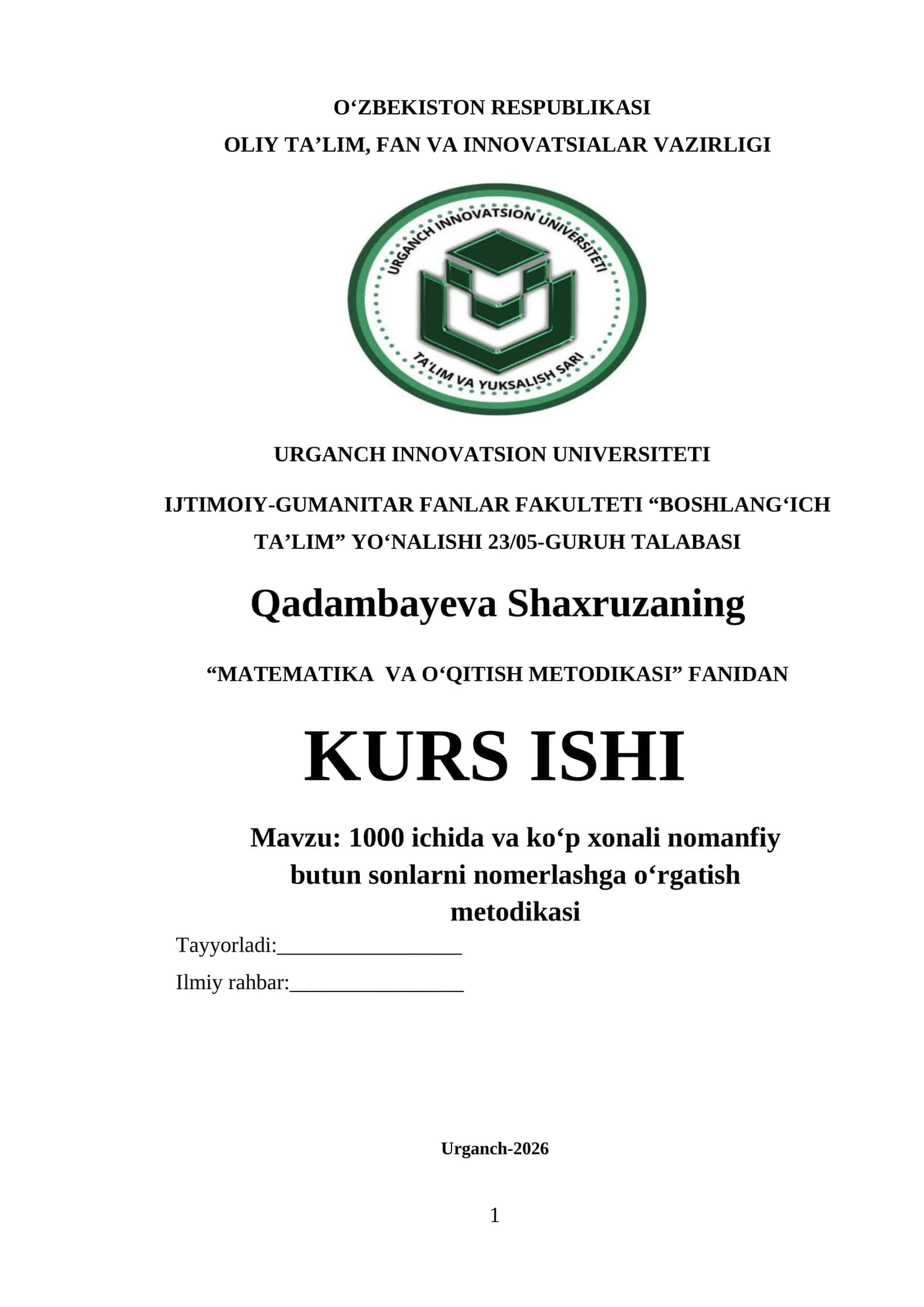 MATEMATIKA VA O‘QITISH METODIKASI FANIDAN KURS ISHI 1