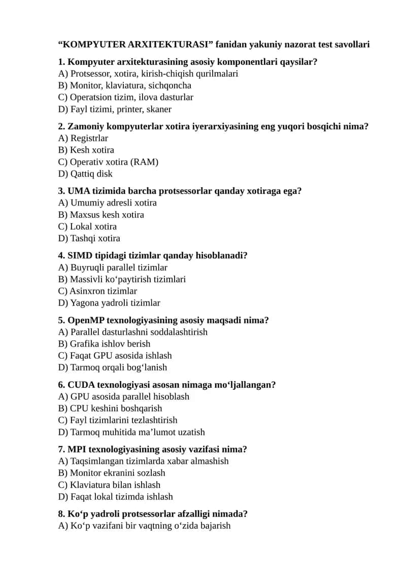KOMPYUTER ARXITEKTURASI fanidan yakuniy nazorat test savollari 1